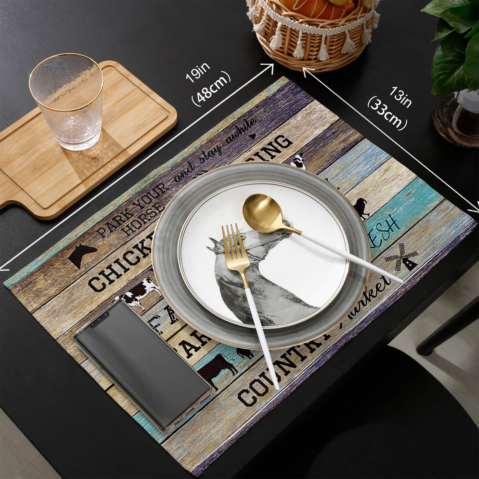 Farmhouse Style 70 Inch Cotton Linen Table Runner and 6-Piece Placemats Set - Barn Animal & Fresh Eggs Design for Dining Table Decor - Perfect for Rustic Weddings, Thanksgiving Dinner, and Farmhouse-Themed Home Decor