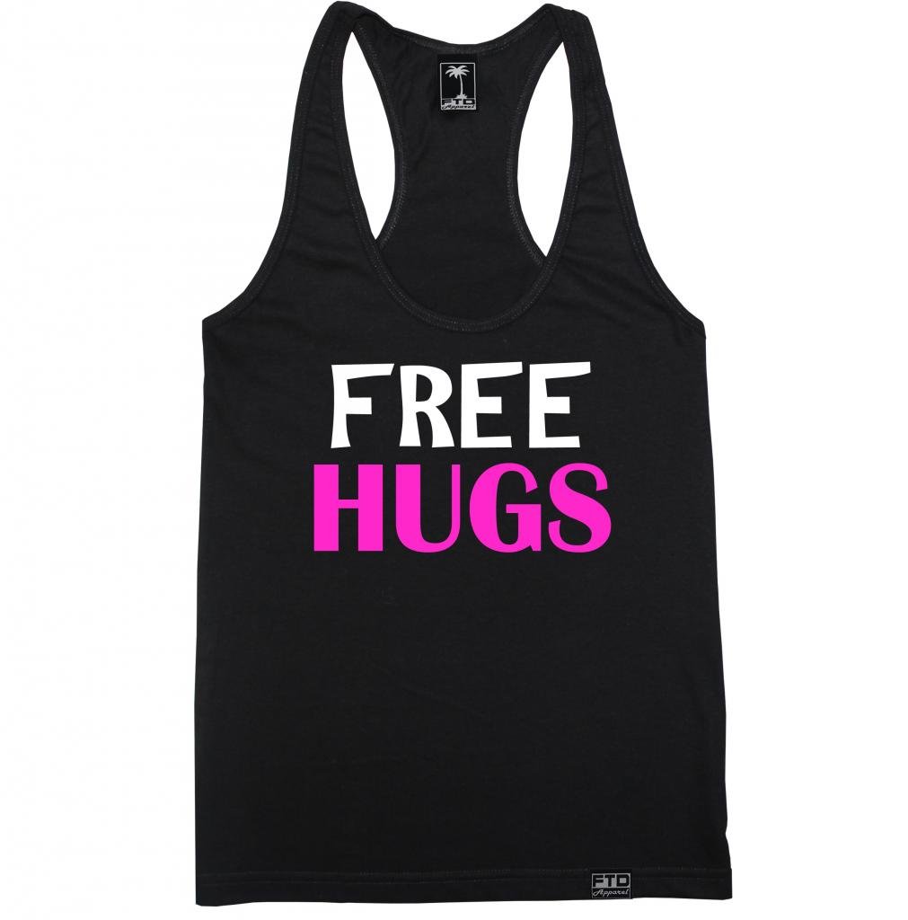 FTD Apparel Women's Free Hugs Pink Racerback Tank Top - Soft & Comfortable Sleeveless Shirt for Casual Wear, Gym, Yoga & Summer Outfits