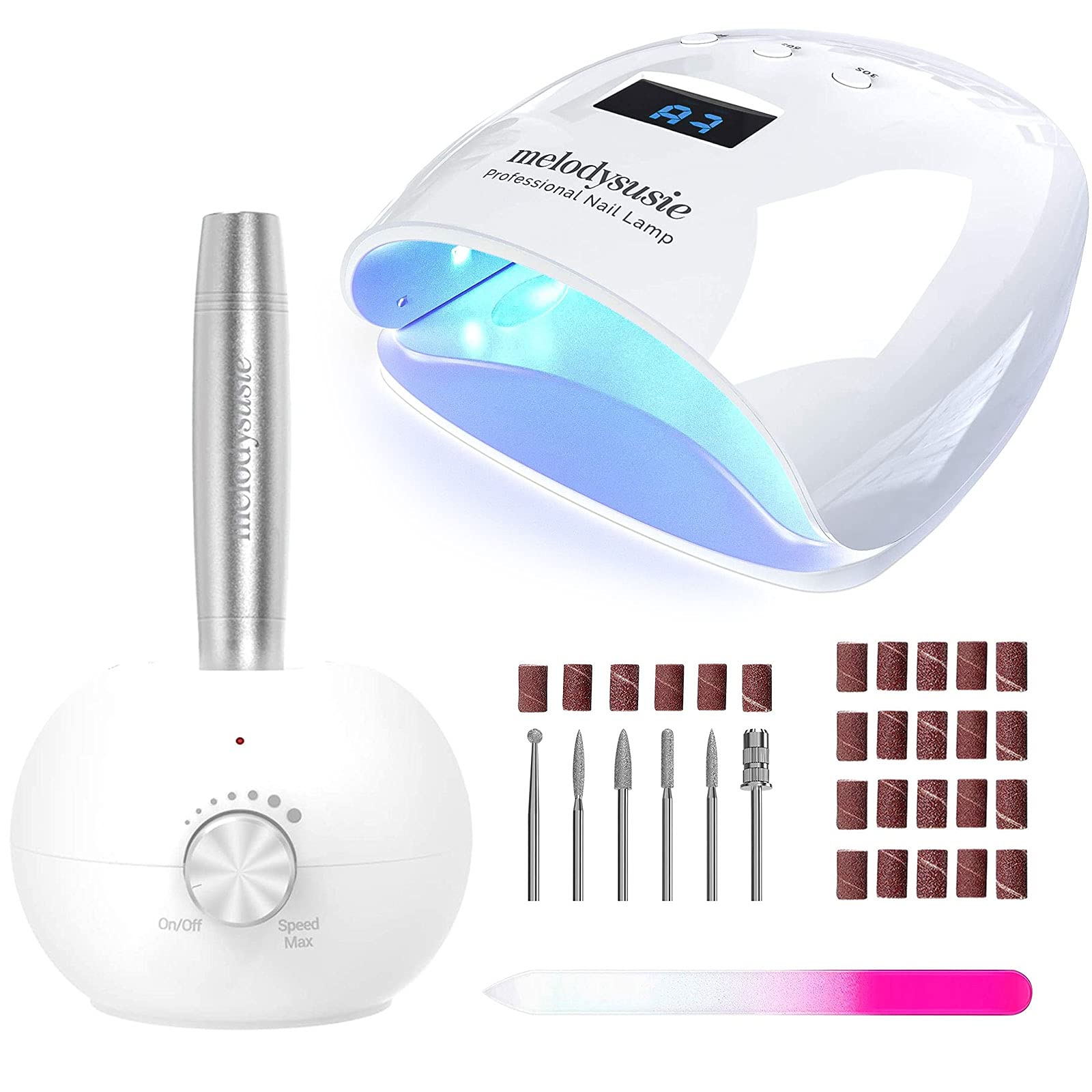 MelodySusie 54W UV LED Nail Lamp with Electric Nail Drill - Professional Manicure & Pedicure Kit for Acrylic & Gel Nails, High Speed Low Heat Efile for Shaping, Buffing & Polish Removal | Perfect for Home Salon & Nail Art Enthusiasts