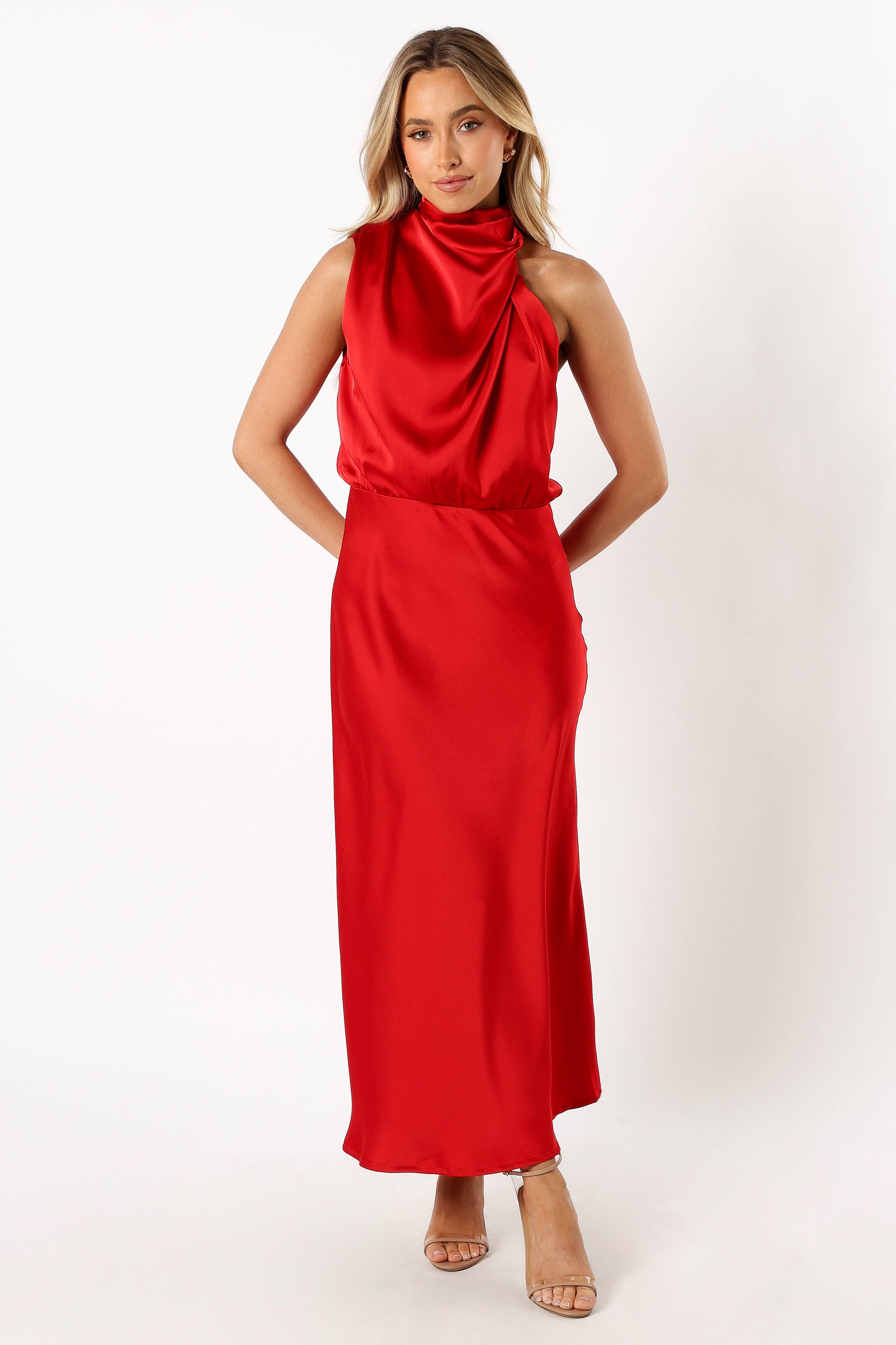 Anabelle Halter Neck Midi Dress - Women's Flowy Summer Dress in Red | Perfect for Beach Vacations, Date Nights & Cocktail Parties