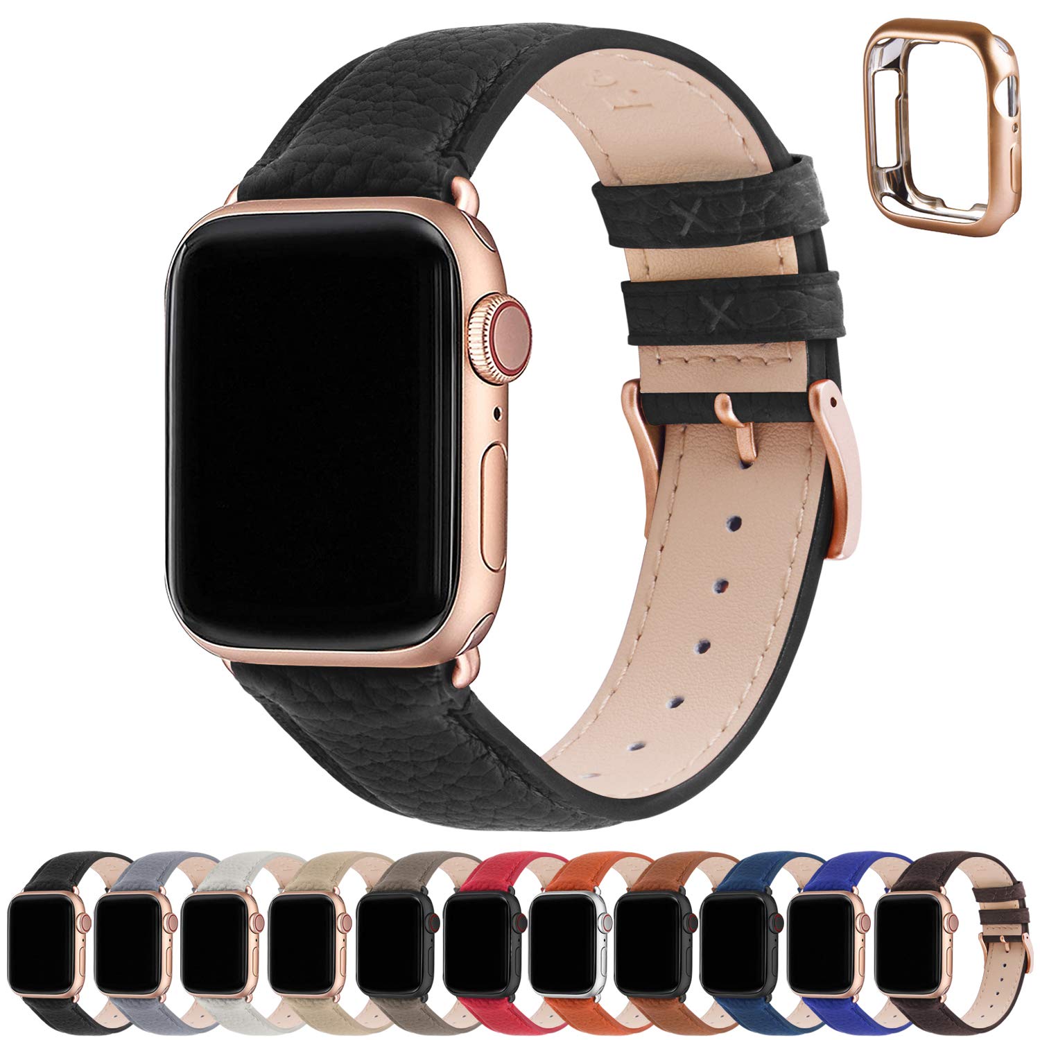 Fullmosa Genuine Leather Apple Watch Bands for 38mm 40mm 41mm 42mm 44mm 45mm 49mm - Compatible with Series 9/8/7/6/5/4/3/2/1/SE/Ultra 2 - Stylish Women's iWatch Strap with Protective Case - Perfect for Work, Date Night & Formal Occasions
