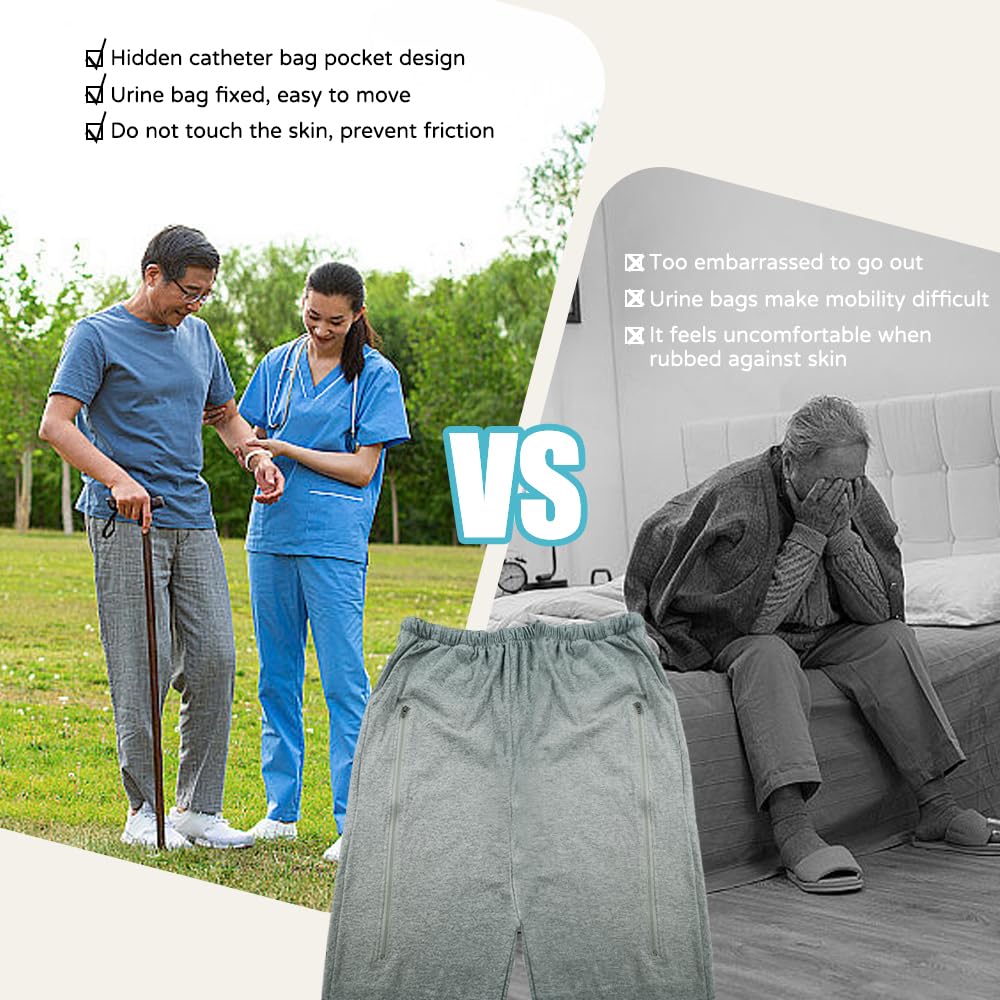 Catheter Leg Bag Pants for Men & Women - Breathable Cotton Knit Pants with Dual Pockets for Urinary Catheters | Comfortable Medical Underwear for Daily Wear & Hospital Use