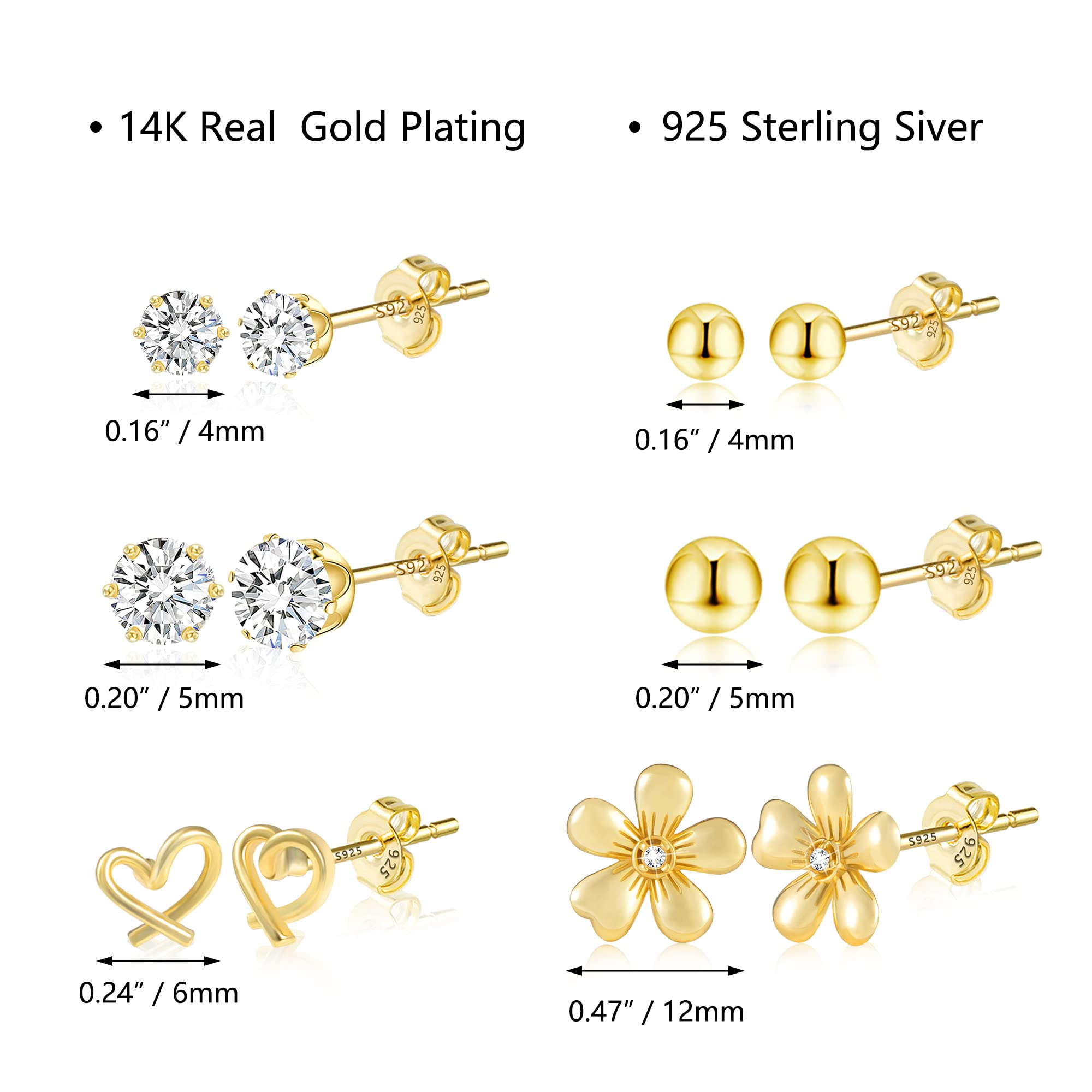 14K Gold Plated Hypoallergenic Earring Set for Women - 6 Pairs CZ Ball Studs & Small Hoops | Multiple Piercing Jewelry for Everyday Wear, Parties & Gifts