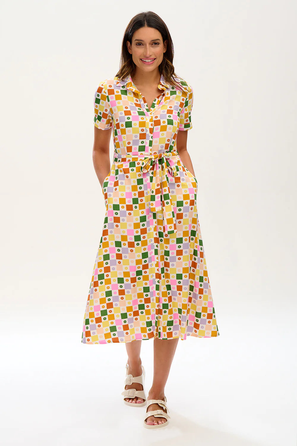 Lauretta Midi Shirt Dress for Women - Floral Checkerboard Print Casual Summer Dress - Perfect for Office, Date Night & Outdoor Events