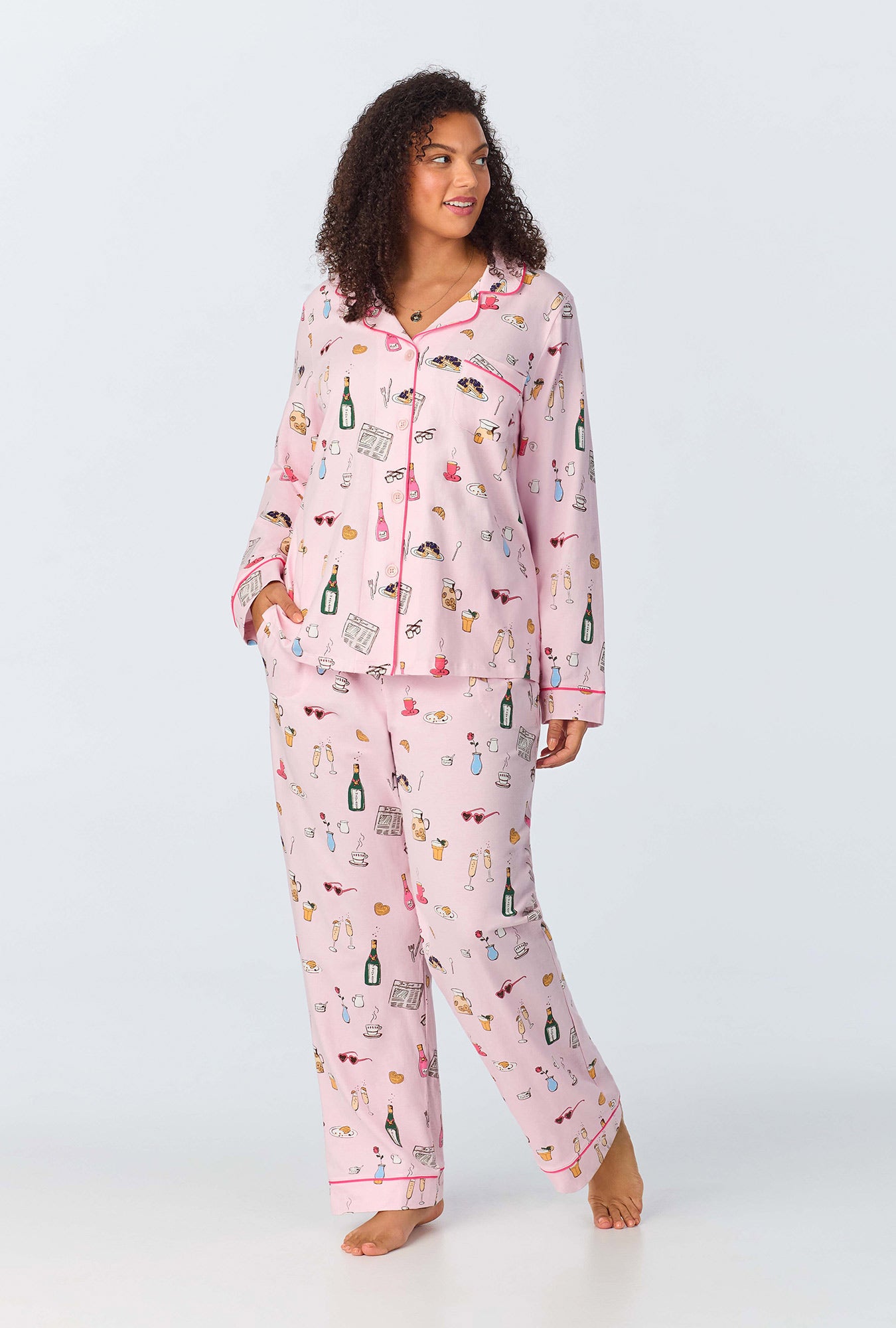 Let's Do Brunch Long Sleeve Classic Stretch Jersey PJ Set - Women's Comfortable Sleepwear for Relaxing at Home, Lounging & Cozy Nights