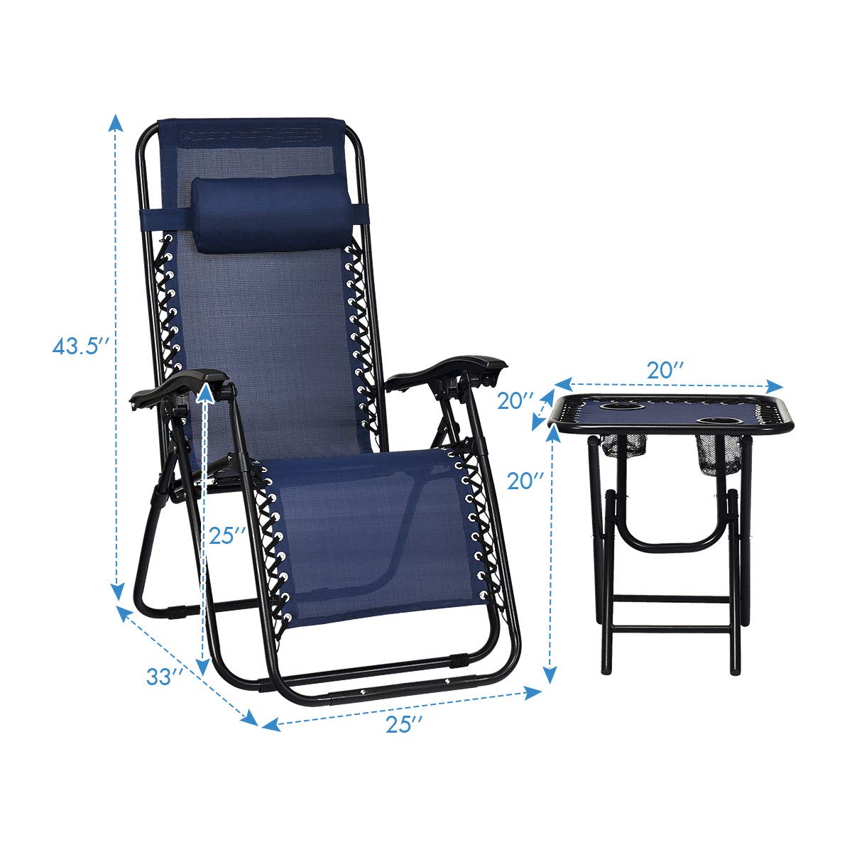 3PCS Zero Gravity Lounge Chairs for Patio, Outdoor, Pool & Yard - Adjustable Reclining Folding Chaise with Side Table - Navy Blue - Perfect for Relaxing, Sunbathing & Backyard Lounging
