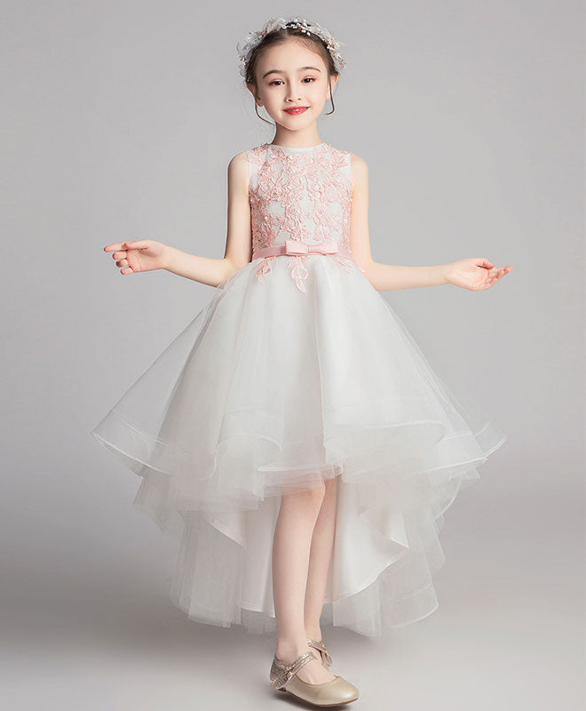 Elegant White Round Neck Tulle Lace High-Low Prom Dress & Flower Girl Dress - Perfect for Prom Night, Weddings & Special Occasions