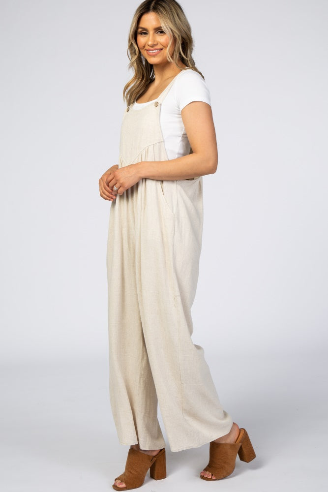 Women's Beige Linen Overalls - Comfortable Jumpsuit with Pockets for Gardening, Casual Outings & Summer Fashion