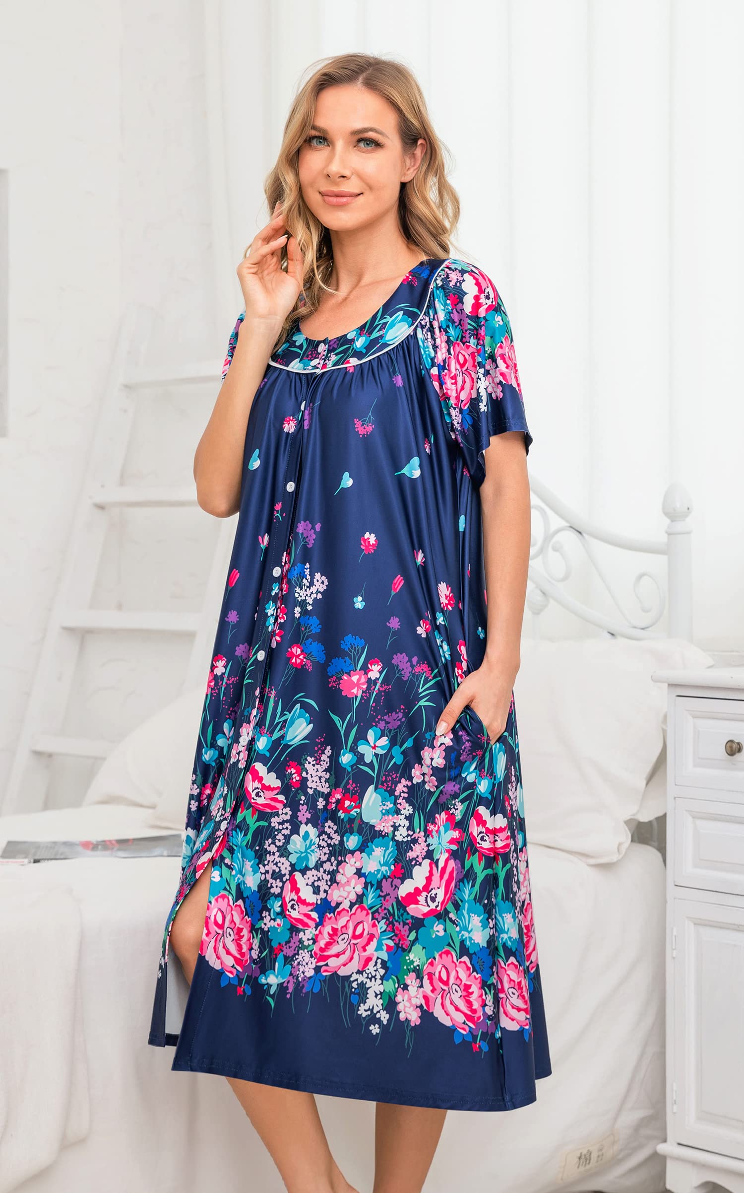 YOZLY Women's Short Sleeve House Dress - Comfortable Mumu Duster Robe with Pockets | Perfect for Lounging at Home, Running Errands & Maternity Wear