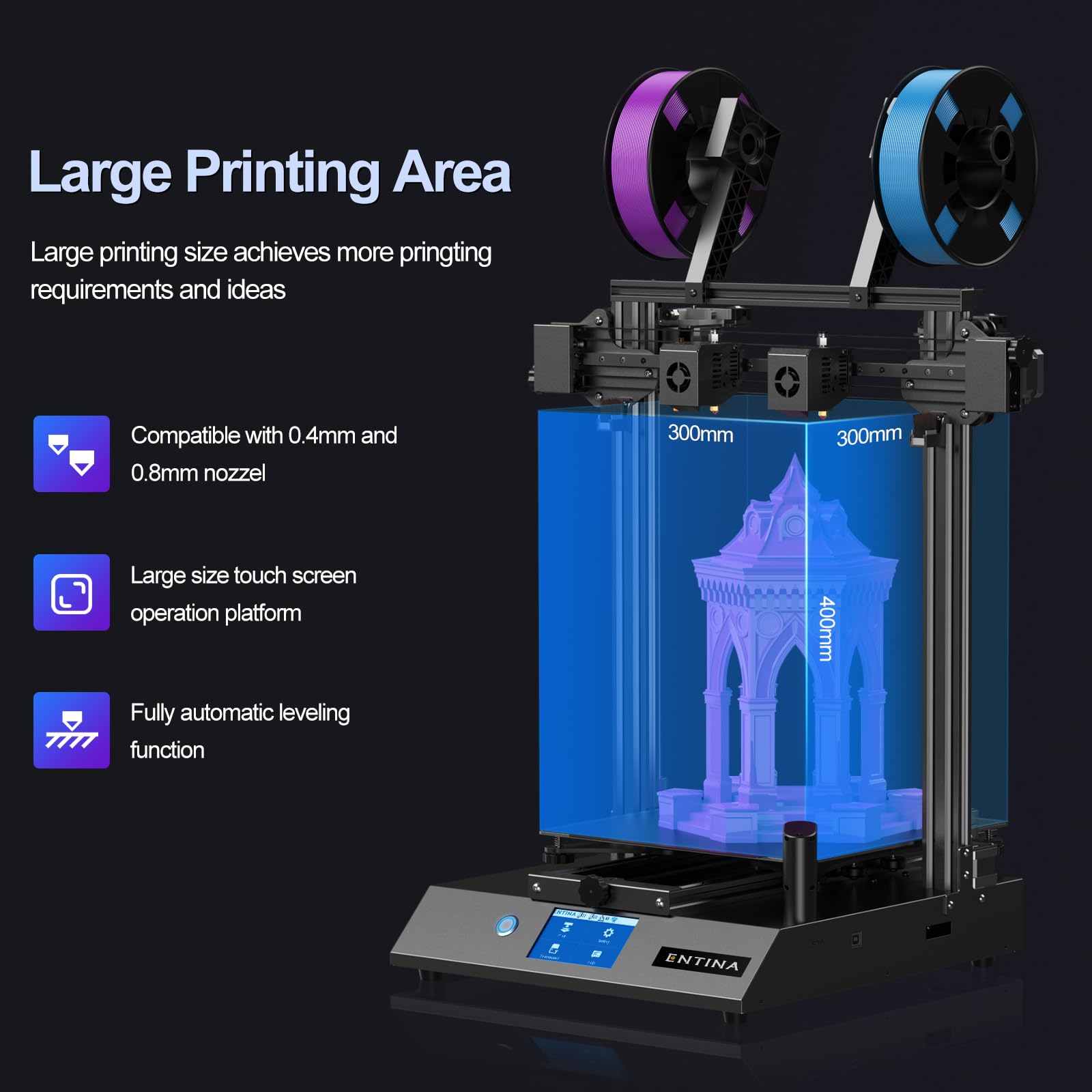 Entina X40 V3 IDEX 3D Printer - Independent Dual Extruder with 295° High Temp Nozzles, 32-bit Silent Motherboard, 4.3