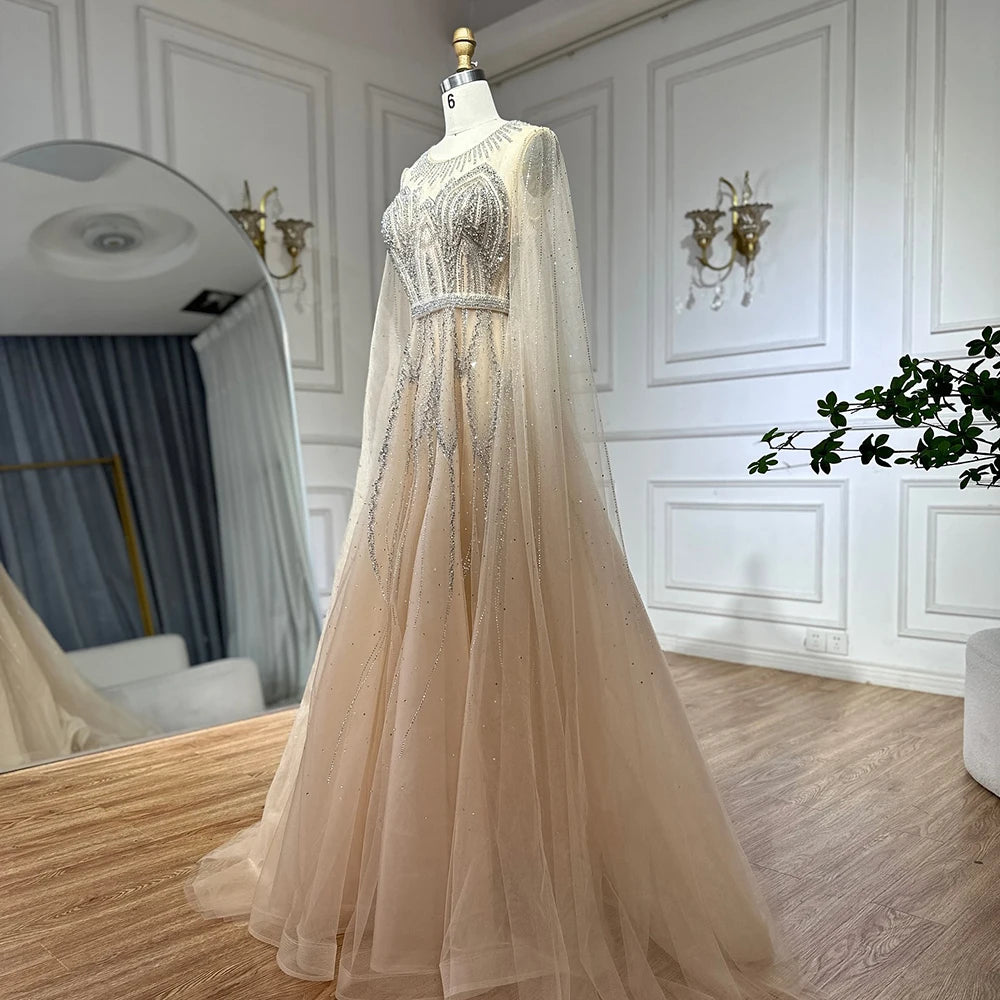 Elegant Nude Blue Beaded Long A-Line Arabic Evening Dress with Cape Sleeves for Dubai Luxury Formal Occasions - LA72785 | Perfect for Weddings, Galas, and Special Events