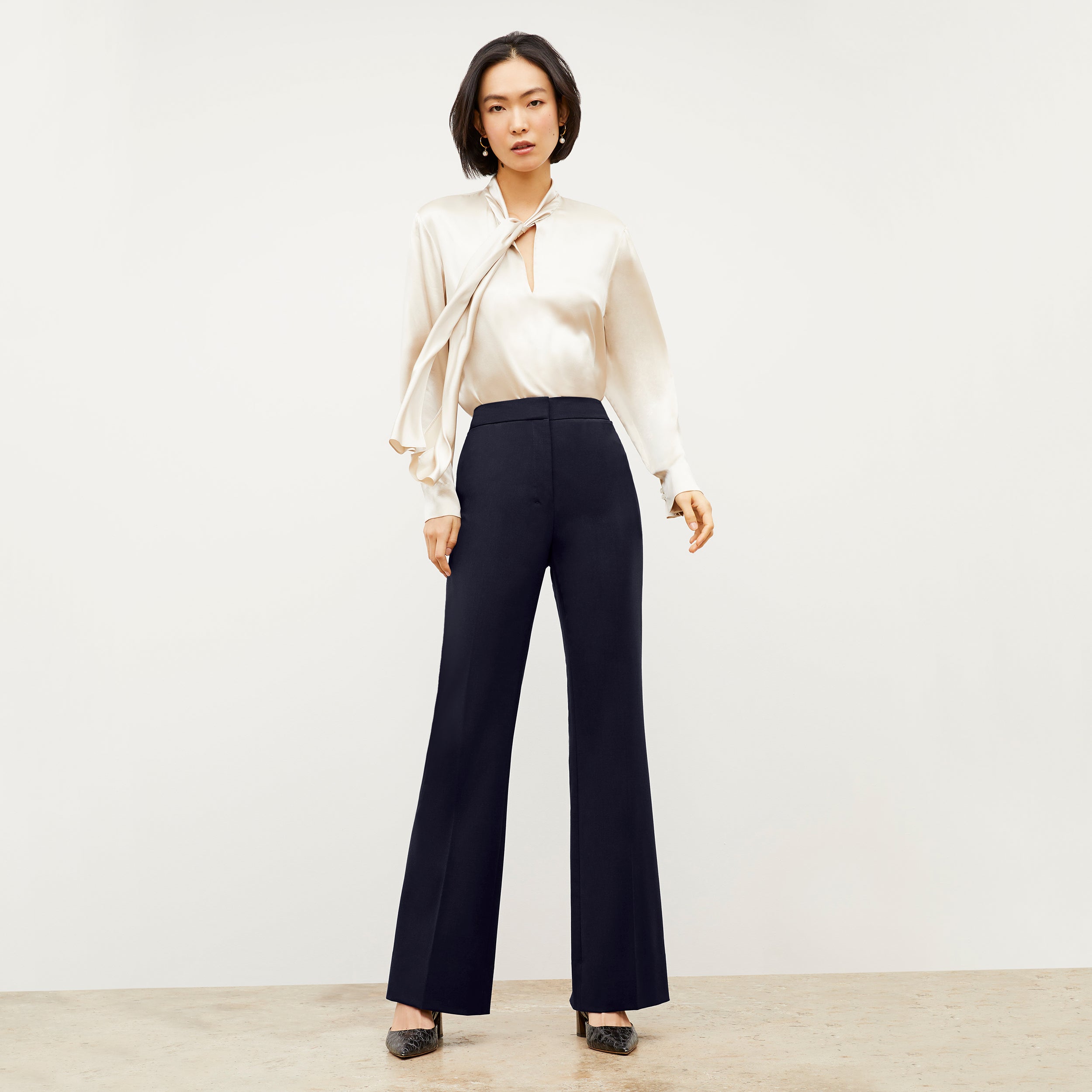 Horton Flare Trouser - Washable Wool Twill Pants for Women, Dark Navy - Perfect for Office Wear & Casual Outfits