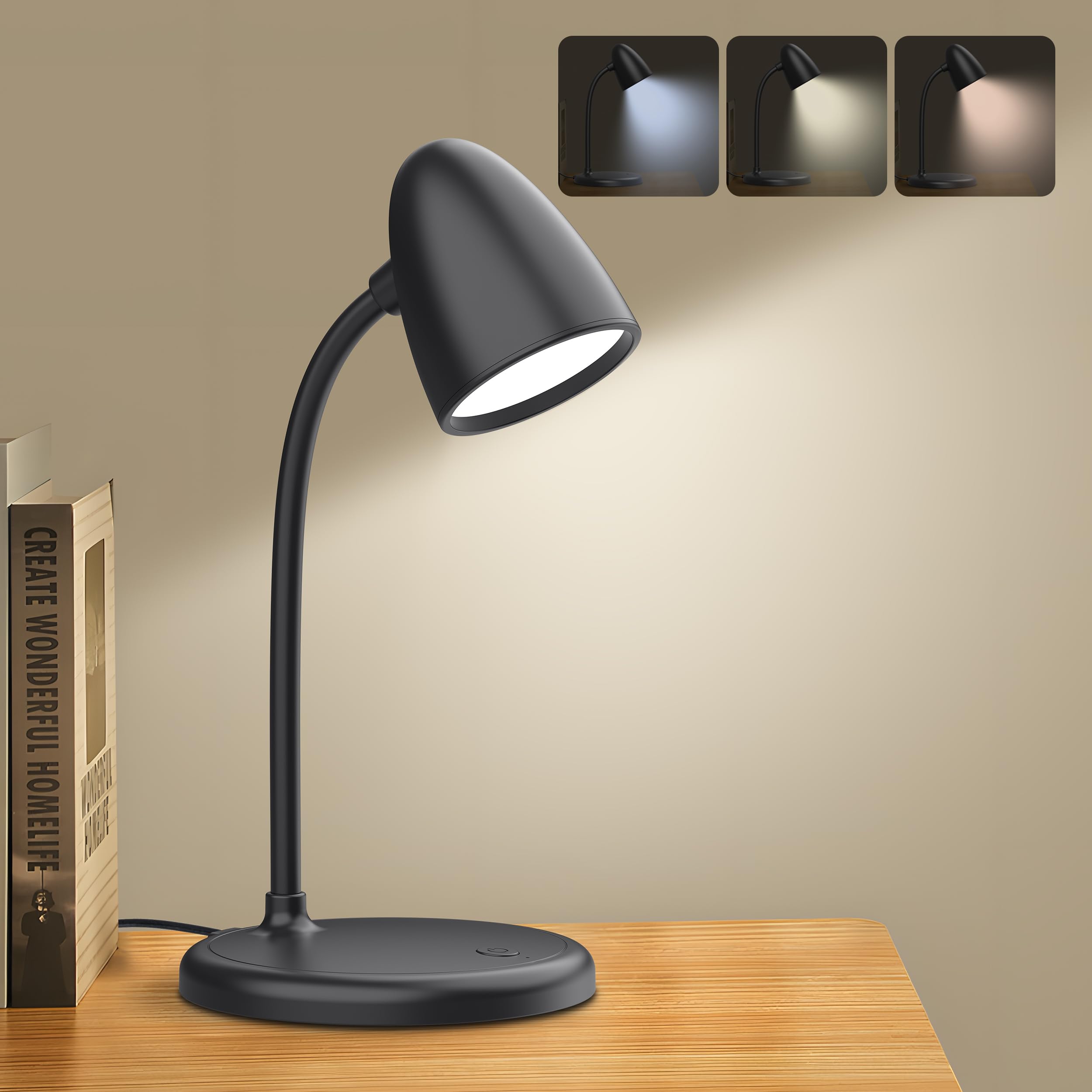 Adjustable LED Desk Lamp with 3 Light Colors & Dimmable Brightness - Flexible Gooseneck Study Light for Home Office, Bedroom, College Dorm Room - Perfect for Reading, Working & Nightstand Use (Black)