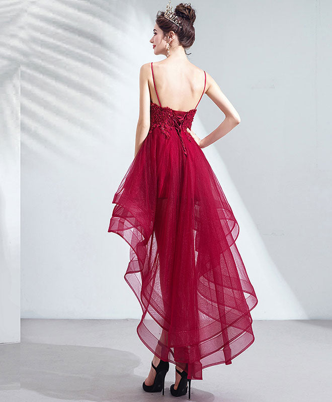 Elegant Burgundy Tulle Lace High-Low Prom Dress for Homecoming | Formal Evening Gown for Special Occasions, Dances & Parties