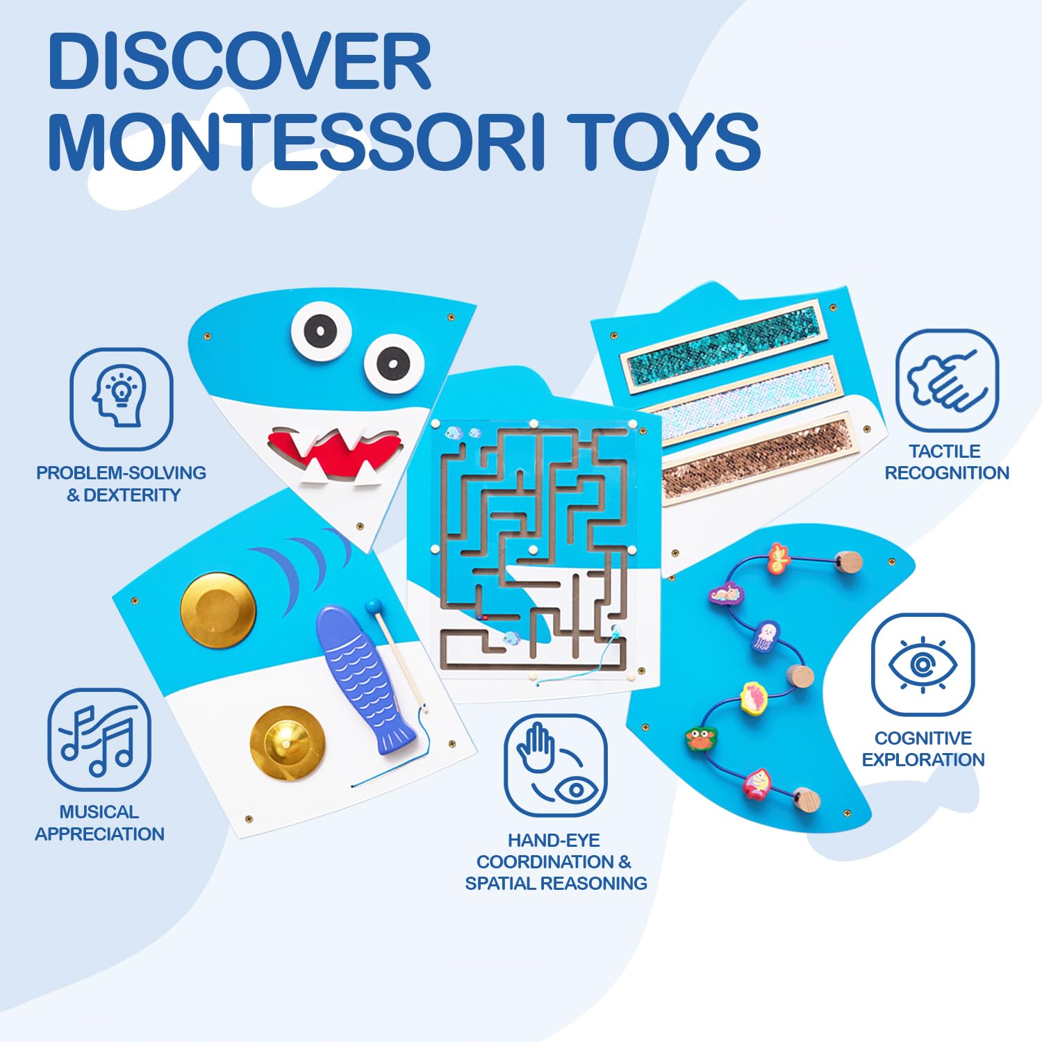 Montessori Busy Board for Toddlers - Shark Sensory Wall Panel, Educational Learning Toys for Boys & Girls 6+ Months - Perfect for Daycare, Playroom & Home Use