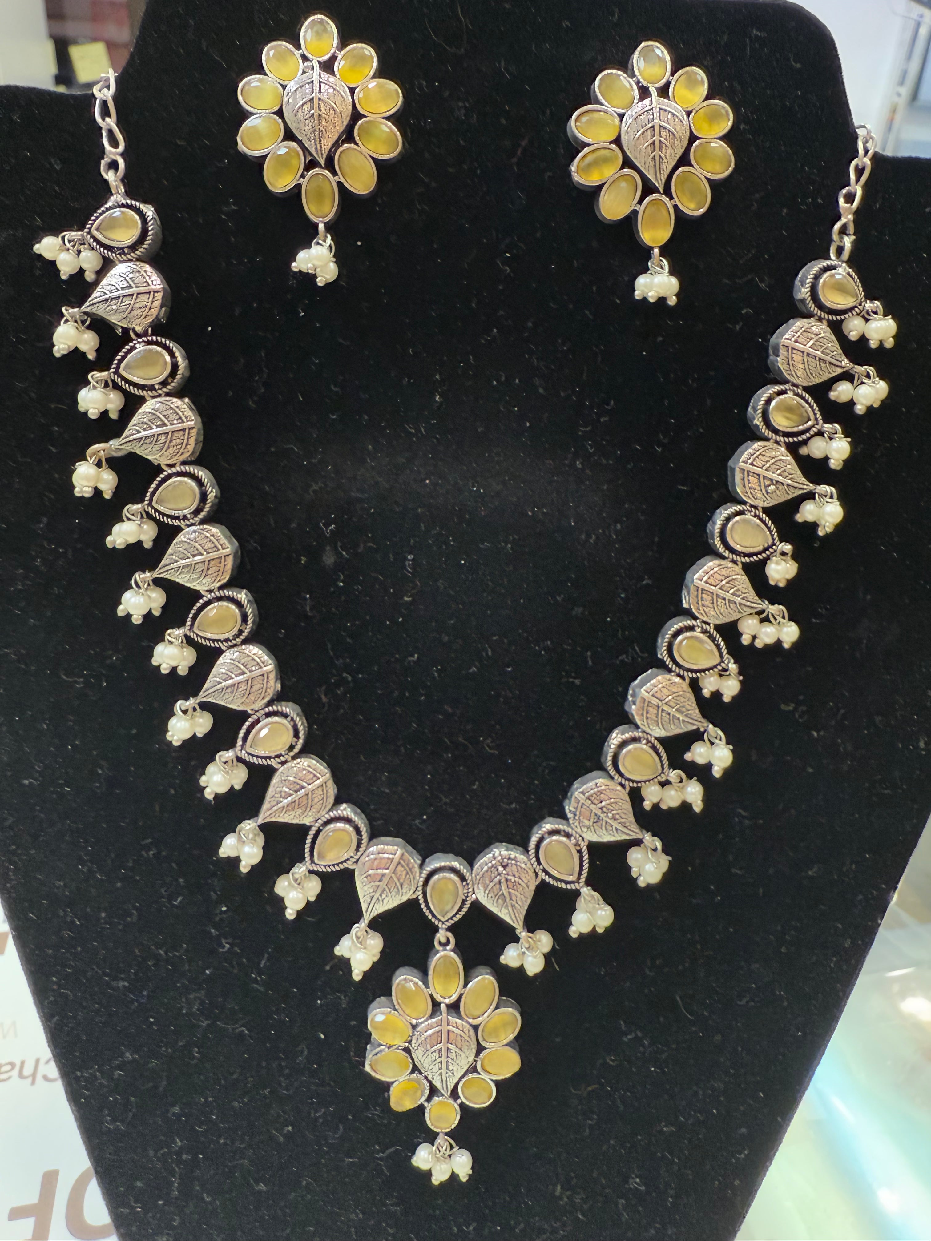 Elegant Silver Plated Oxidized Necklace Set with Pearl Drop Earrings | Light Yellow Jewelry for Women | Perfect for Weddings, Parties & Special Occasions