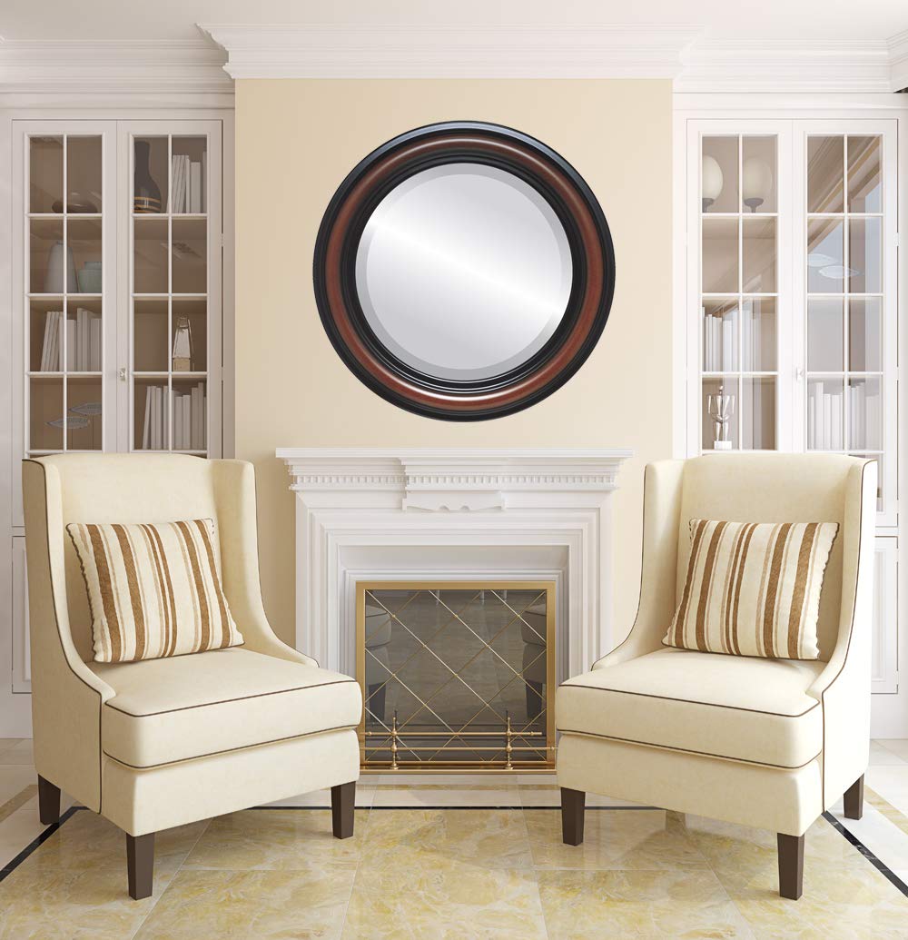 Philadelphia Style Round Beveled Wall Mirror - 28x28 Inches Rosewood Framed Ovalcrest Decorative Mirror for Living Room, Bedroom & Entryway Decor