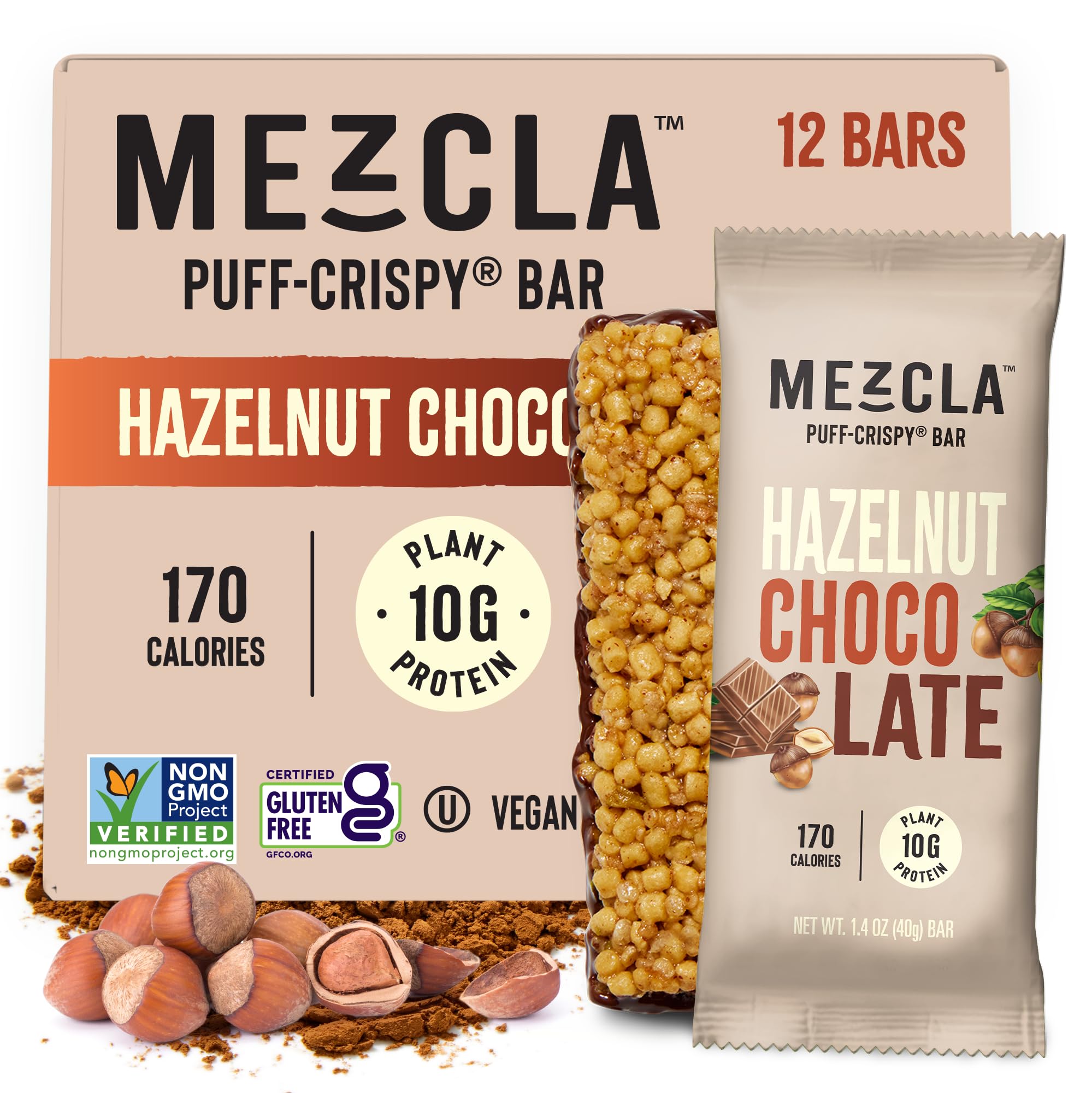 Vegan Protein Bars with Pea Protein Crisps, Organic Dark Chocolate & Hazelnuts - Gluten Free, High Protein (10g), Crunchy Healthy Snack - 12 Pack - Perfect for Post-Workout Recovery, On-the-Go Energy & Keto Diet