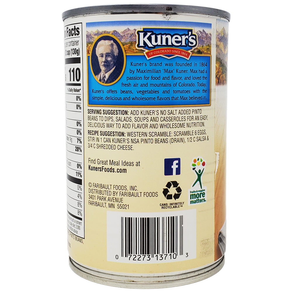Kuner's Pinto Beans - No Salt Added, 15 oz Can | Healthy, Low Sodium Canned Beans for Chili, Salads & Mexican Recipes