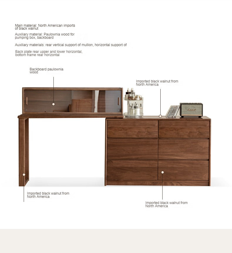 Premium Black Walnut Solid Wood Extendable Vanity Dressing Table with Mirror - Perfect for Bedroom, Bathroom & Makeup Organization