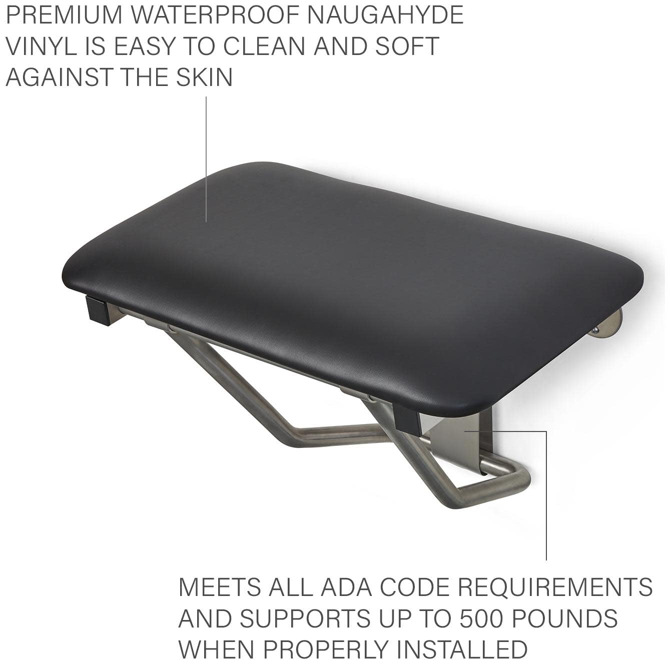 Seachrome 18 Inch Wall Mounted White Padded Folding Shower Bench - Waterproof Bath Seat for Elderly & Disabled - Non-Slip Shower Chair for Small Bathrooms & Tight Spaces (Use in Showers, Bathtubs & Spa Areas)