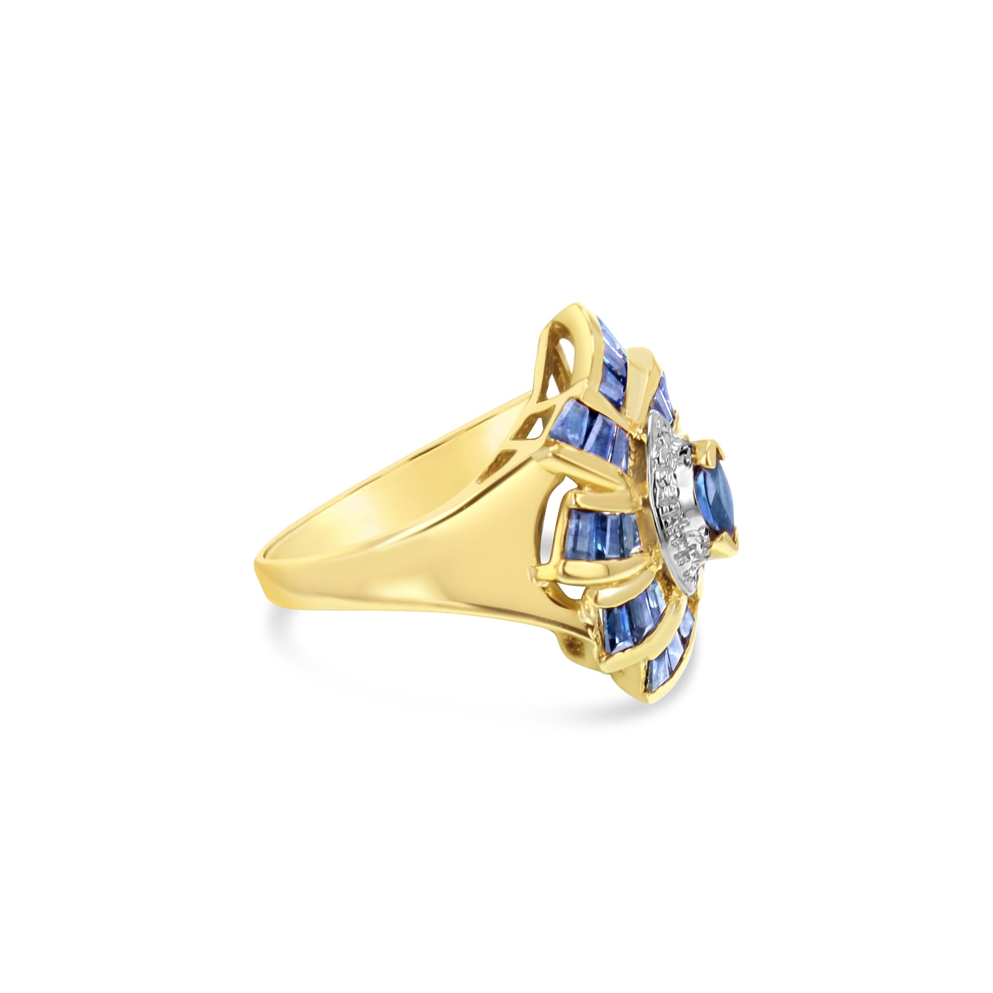 3 Carat Blue Sapphire and Diamond Cocktail Ring in 10K Yellow Gold - Elegant Evening Wear & Special Occasion Jewelry for Women
