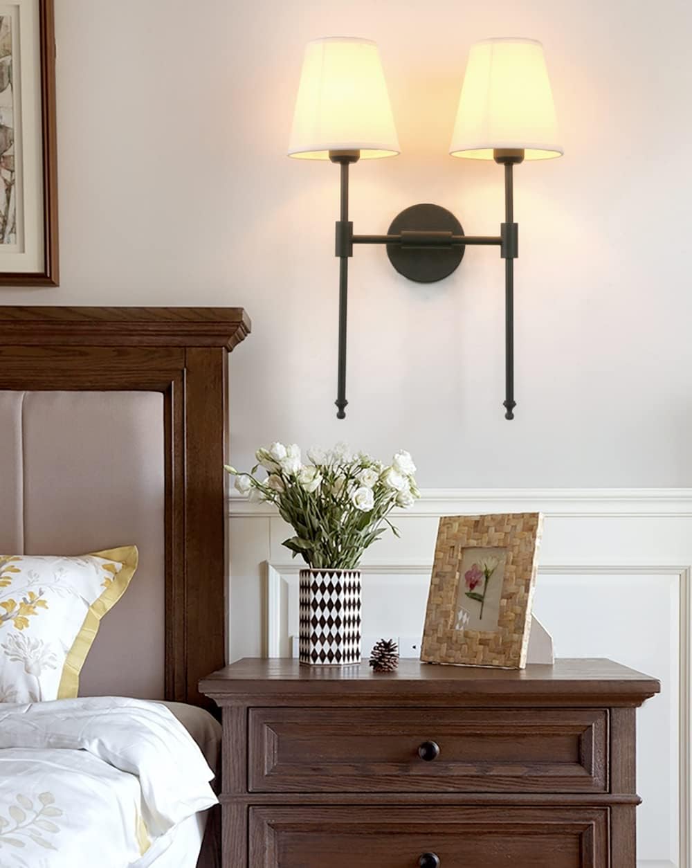 PERMO Classic Rustic Double Sconce Wall Light - 2-Light Black Arm Fixture with White Flared Fabric Shade - Perfect for Bathroom, Bedroom, Bedside & Hallway Lighting