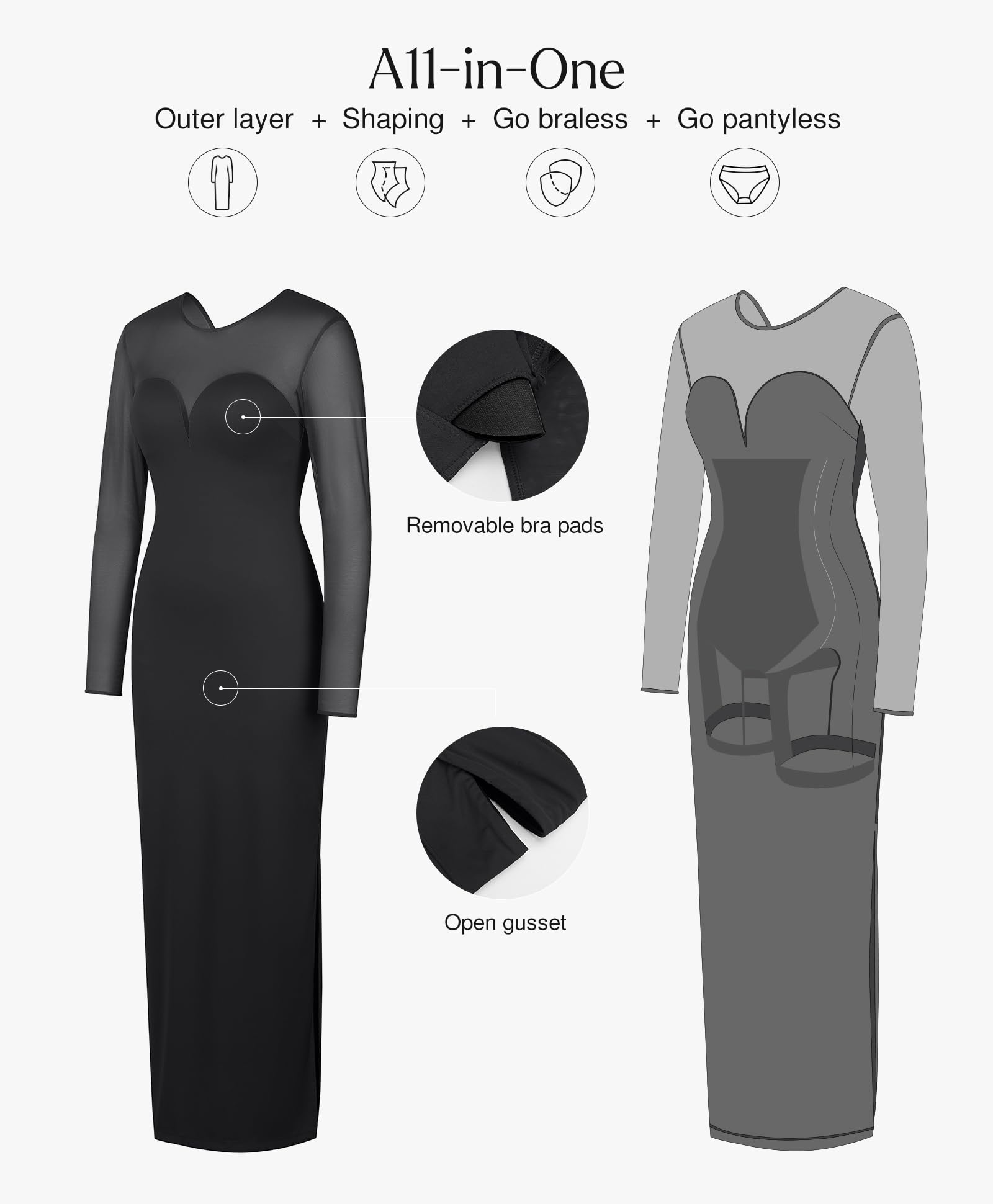 Popilush Women's Long Sleeve Mesh Shapewear Maxi Dress - Slim Fit Bodycon Prom Gown for Wedding, Party & Fall Events | Elegant Black Formal Evening Dress for Special Occasions