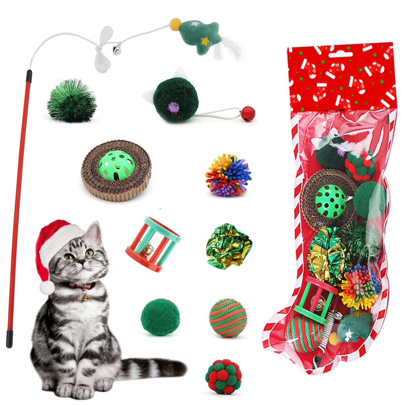 Christmas Cat Toys Gift Set - 10Pcs Interactive Cat Toys with Teaser Wand, Balls & Bells - Perfect Kitten Christmas Stocking Stuffers for Indoor Play & Holiday Gifting