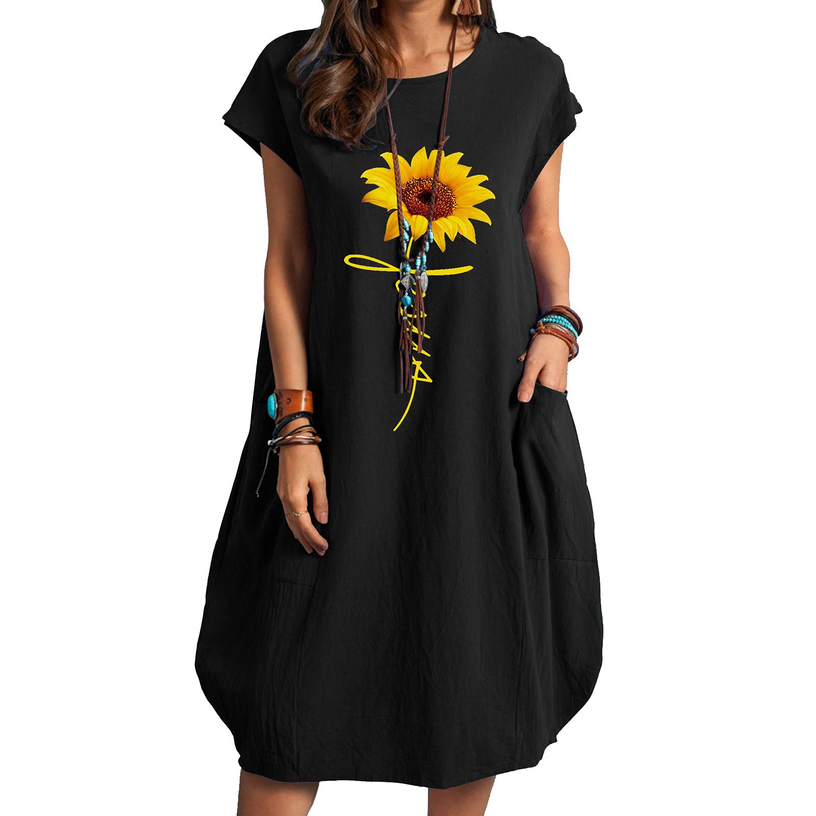 Seeyeah Women's Casual Short Sleeve Loose Pocket Printed Dress - Summer Flowy Fashion Dress for Beach, Vacation & Everyday Wear