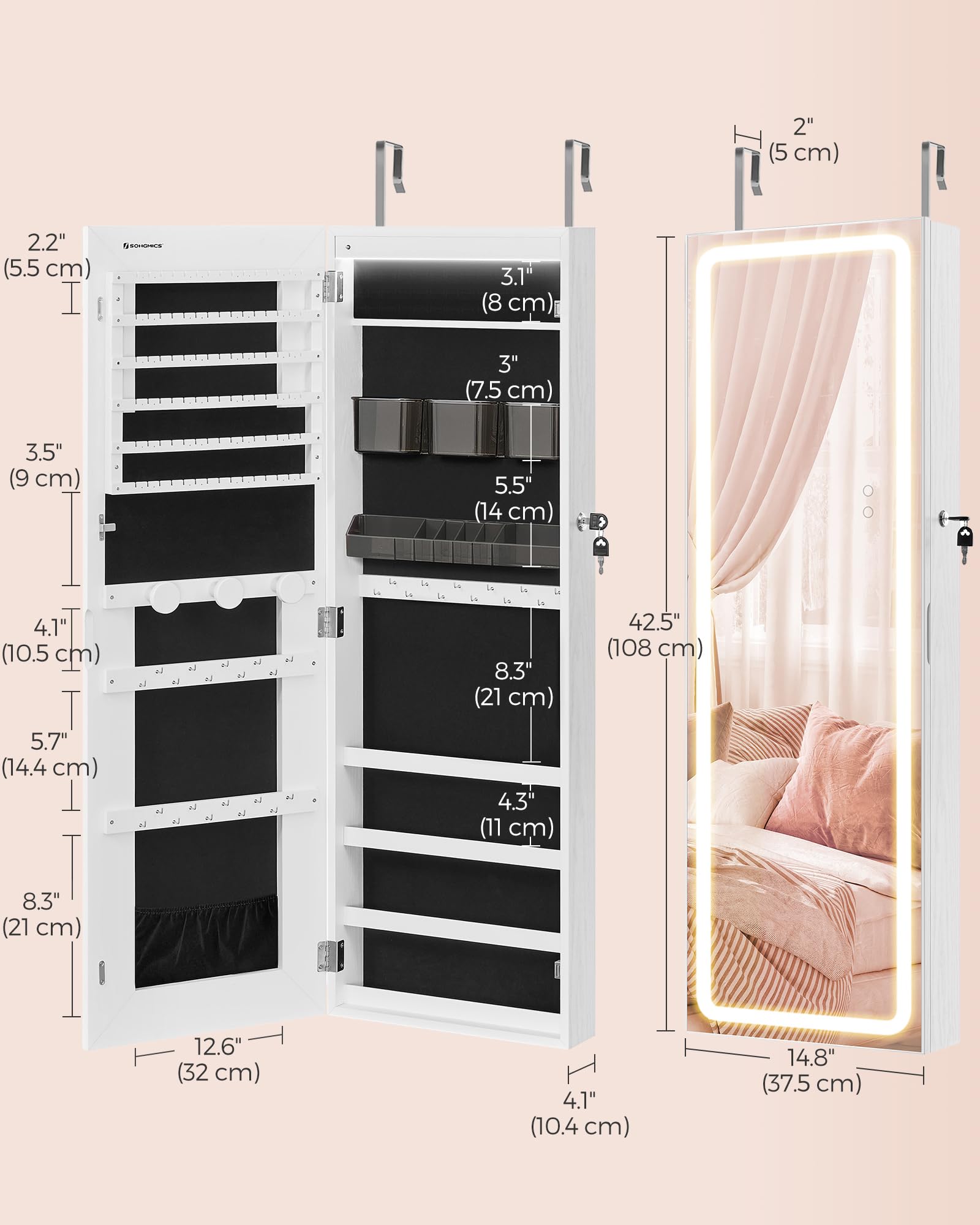 SONGMICS LED Mirror Jewelry Cabinet Armoire with 2 Cosmetic Organizers - Wall/Door Mounted Lockable Jewelry Storage Organizer, Frameless Mirror Cabinet for Bedroom, Bathroom & Dressing Room - White UJJC011W01