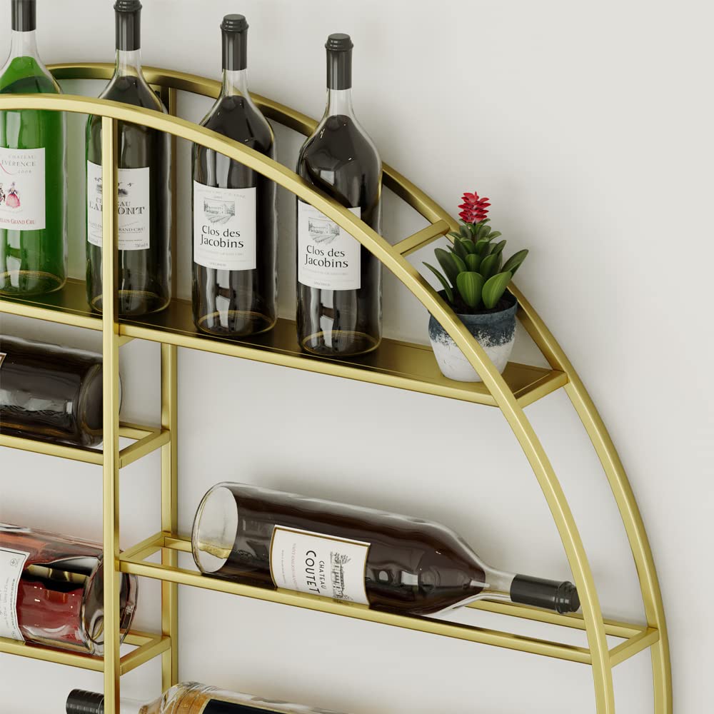 12 Bottle Wall Mounted Wine Rack - Gold Metal Bar Shelf with Glass Holder - Hanging Display for Home Bar, Dining Room & Kitchen (35.5