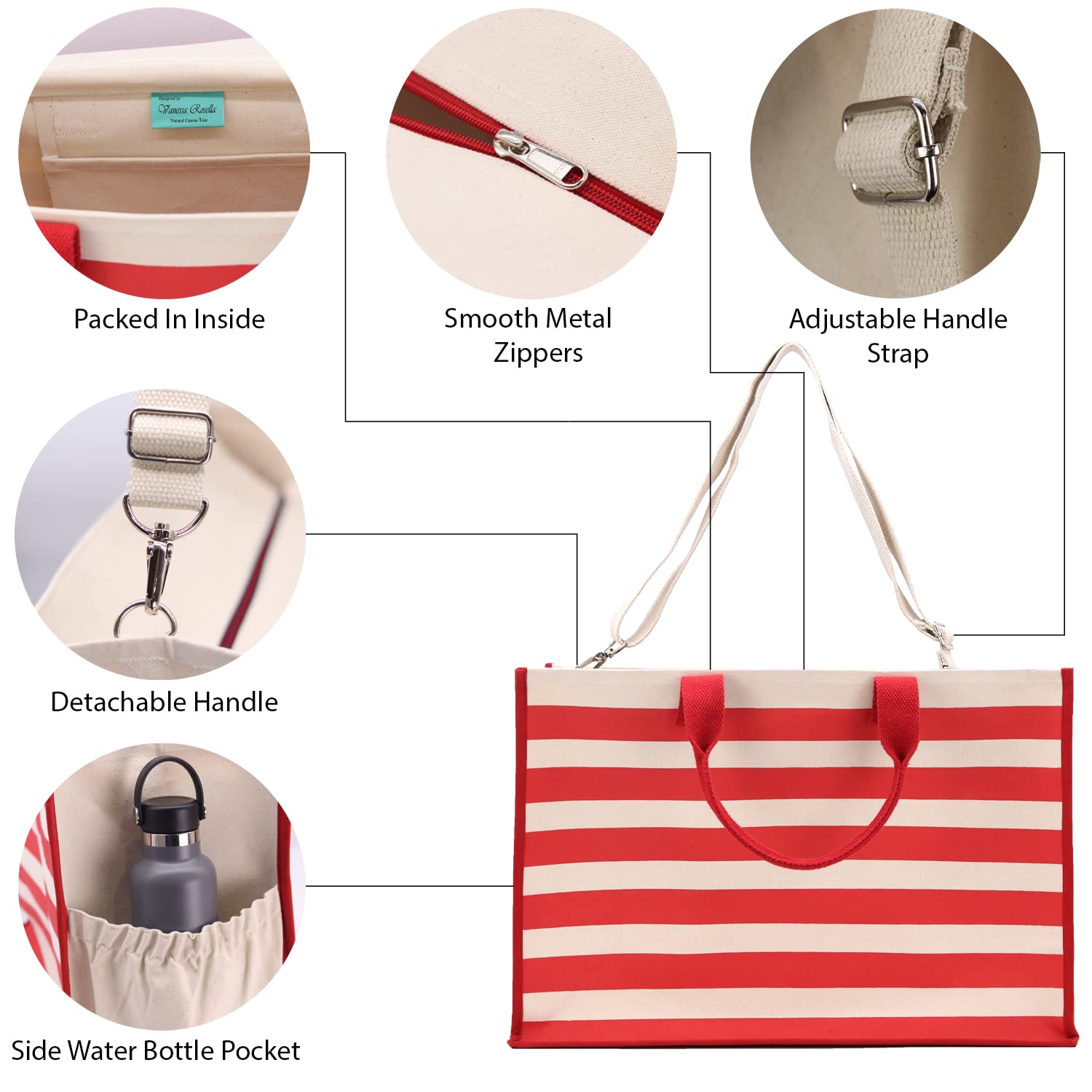 VANESSA ROSELLA XL Beach Tote Bag - Cotton Canvas Zipper Tote for Pool, Travel & Picnic