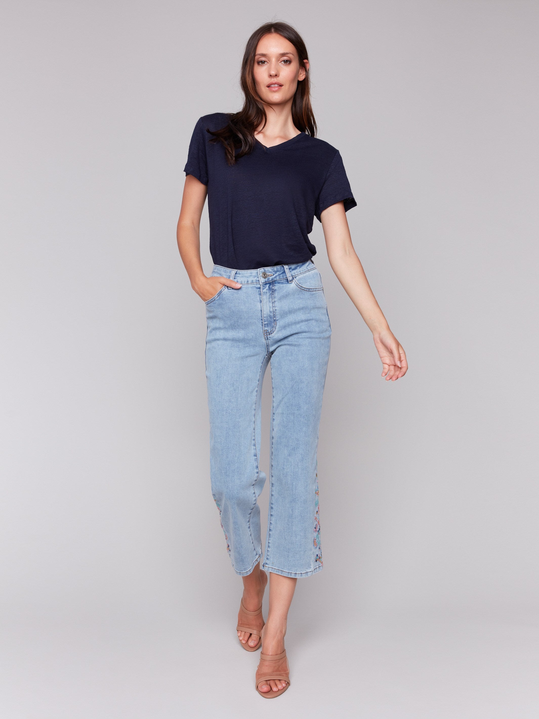 Stylish Cropped Flare Jeans with Side Cut Floral Embroidery - Light Blue Denim for Women | Perfect for Casual Outings & Boho Fashion