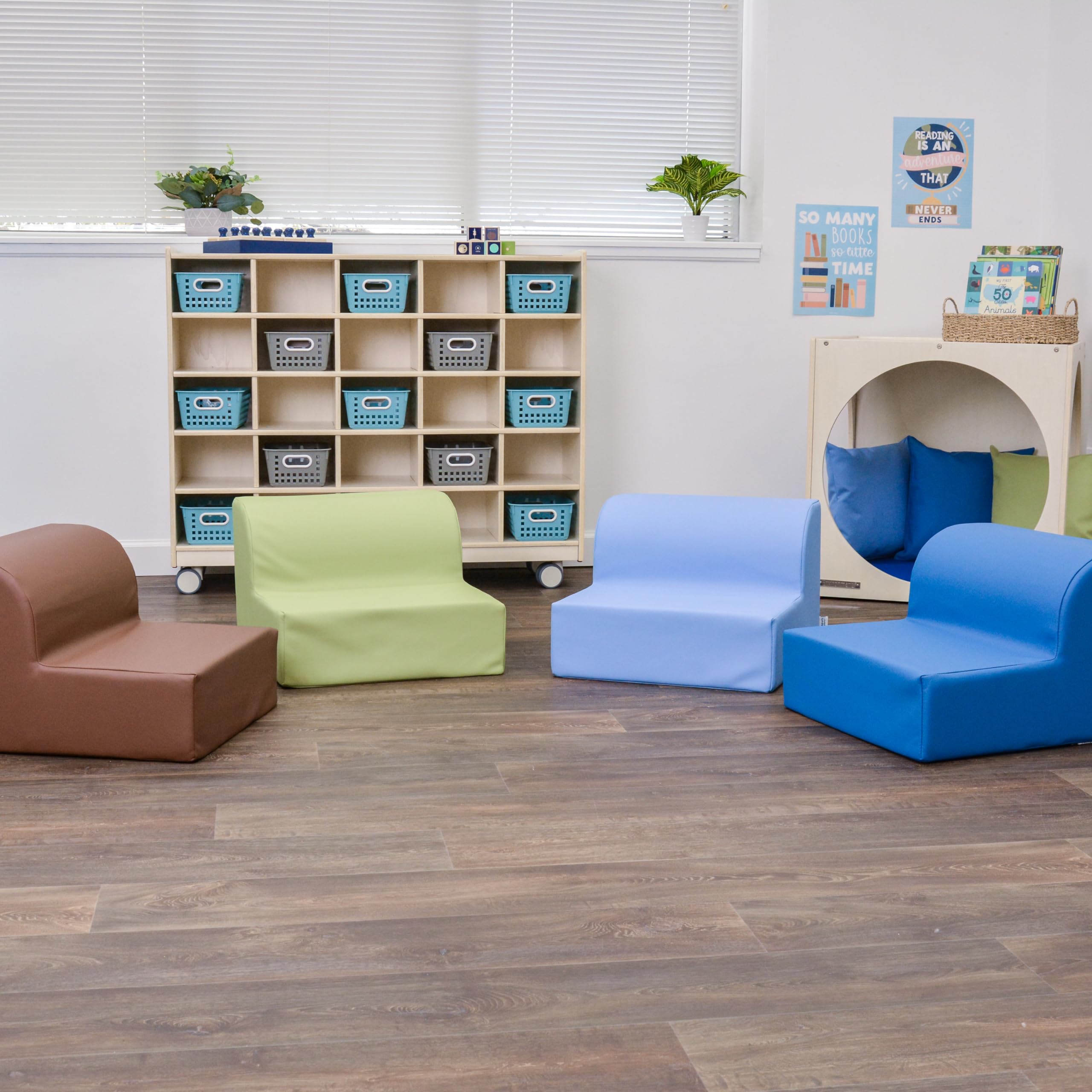 Children's Factory Library Loungers - Set of 4 Flexible Seating Classroom Chairs for Kids, Woodland Design, Comfortable Reading Nook Furniture for Home & School Use