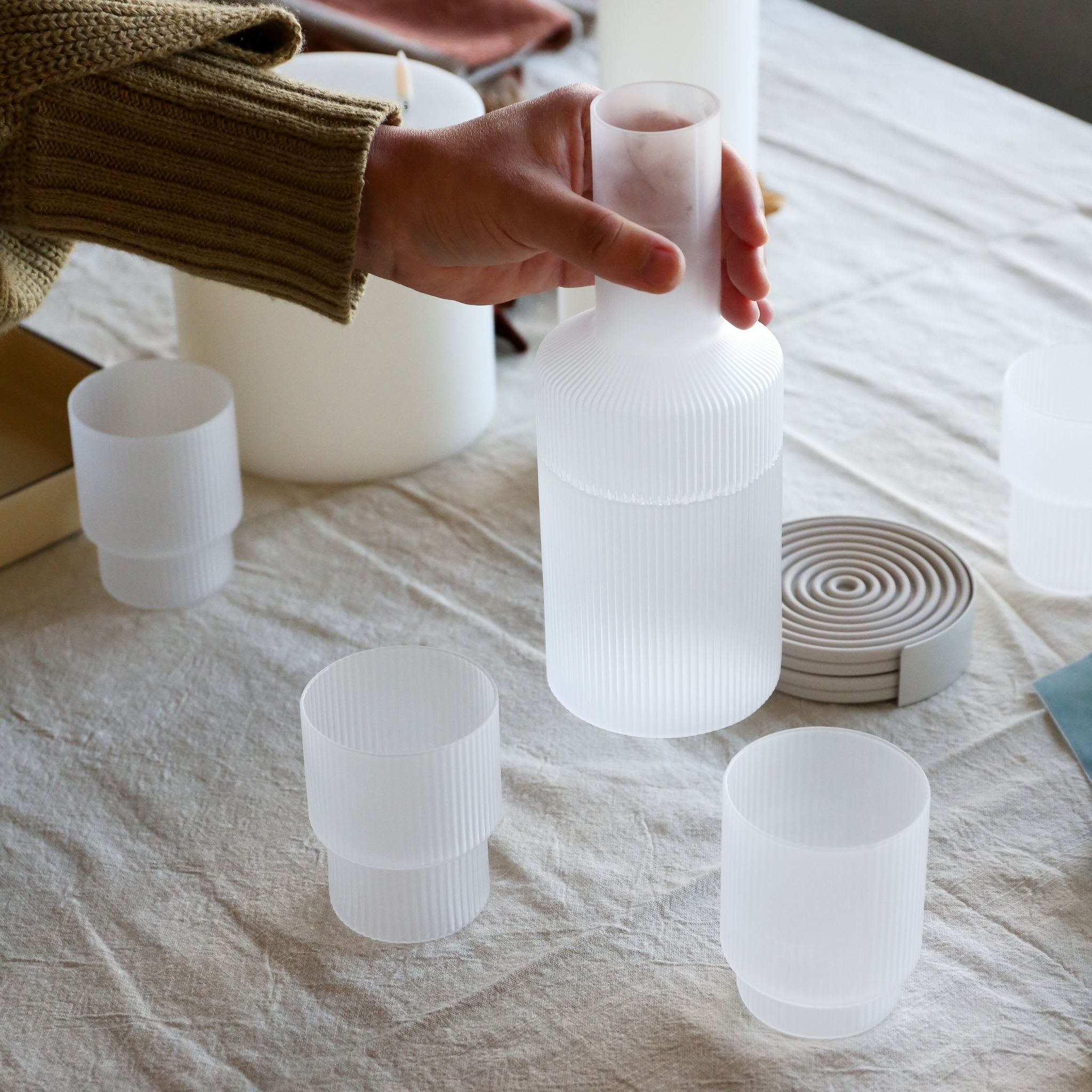 FERM LIVING Ripple Carafe - Frosted Glass Water Pitcher with Elegant Wave Design - Perfect for Serving Water, Juice & Cocktails at Dinner Parties & Home Decor