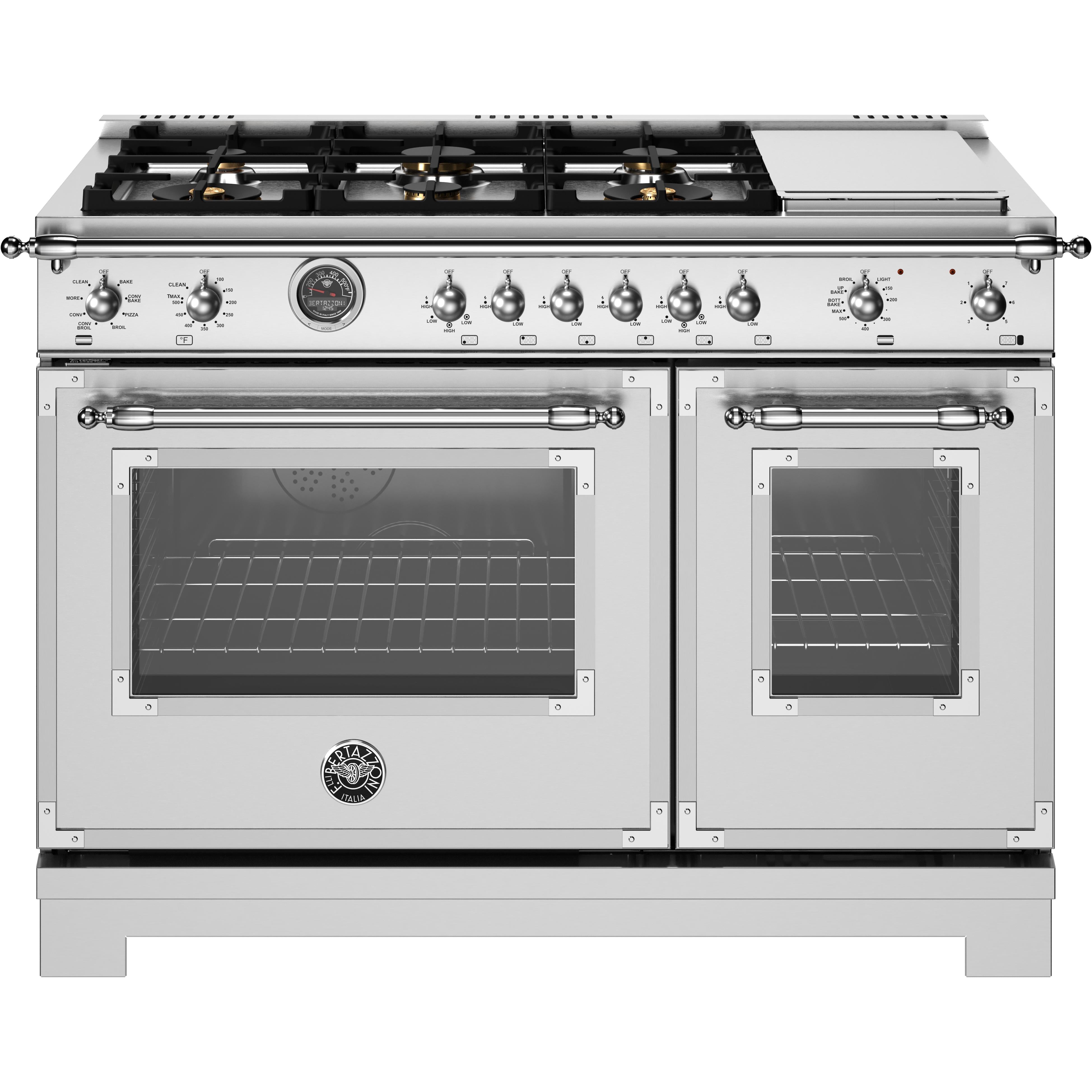 Bertazzoni 48 Inch Freestanding Dual Fuel Range HER486BTFEPXT - Professional Gas & Electric Oven with 6 Burners - Perfect for Home Chefs & Modern Kitchens
