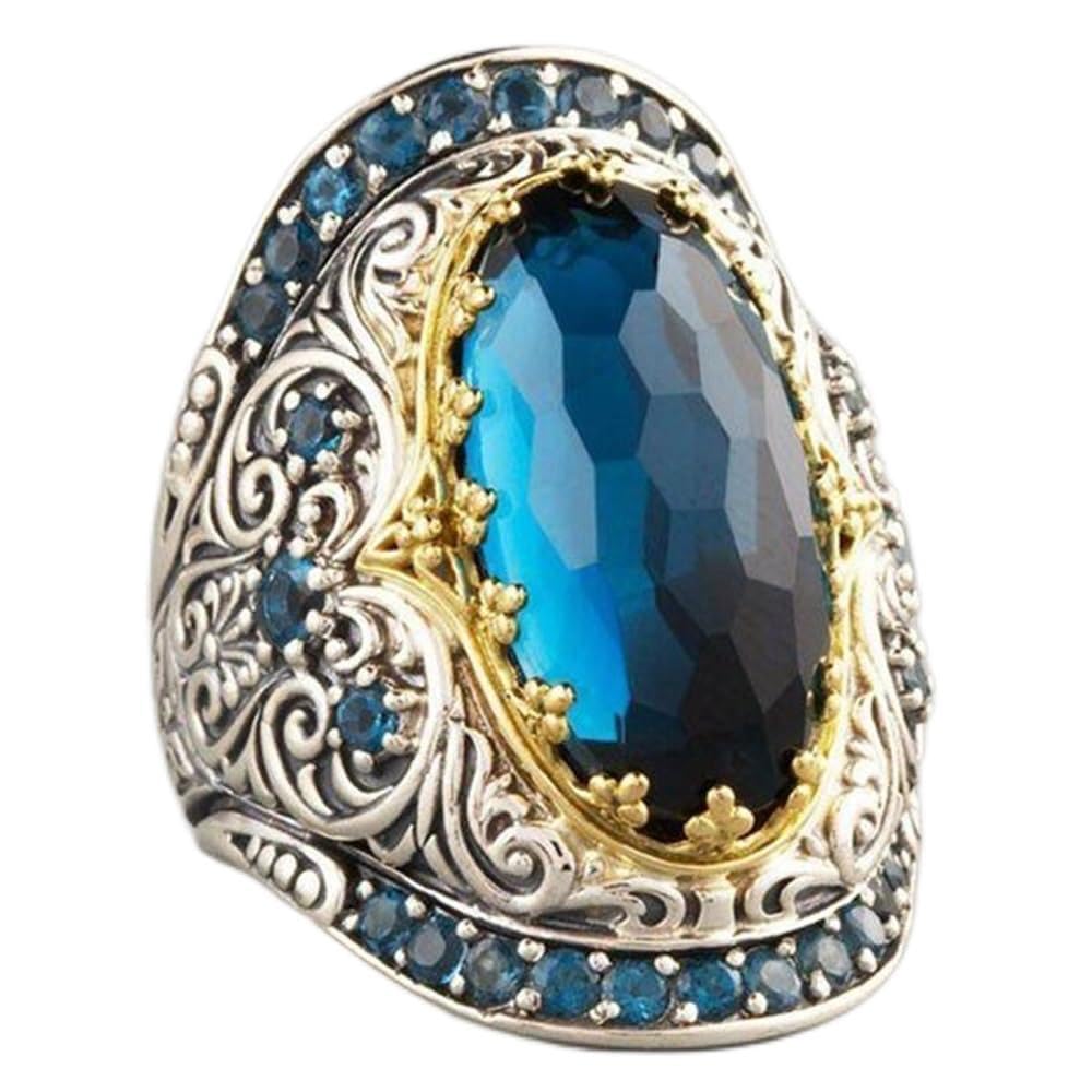 Vintage Two-Tone Luxury Blue Sapphire Ring - Oval Cut Gemstone with Carved Floral Pattern, Elegant Eternity Wedding Band for Women | Perfect for Engagement, Cocktail Parties & Special Occasions