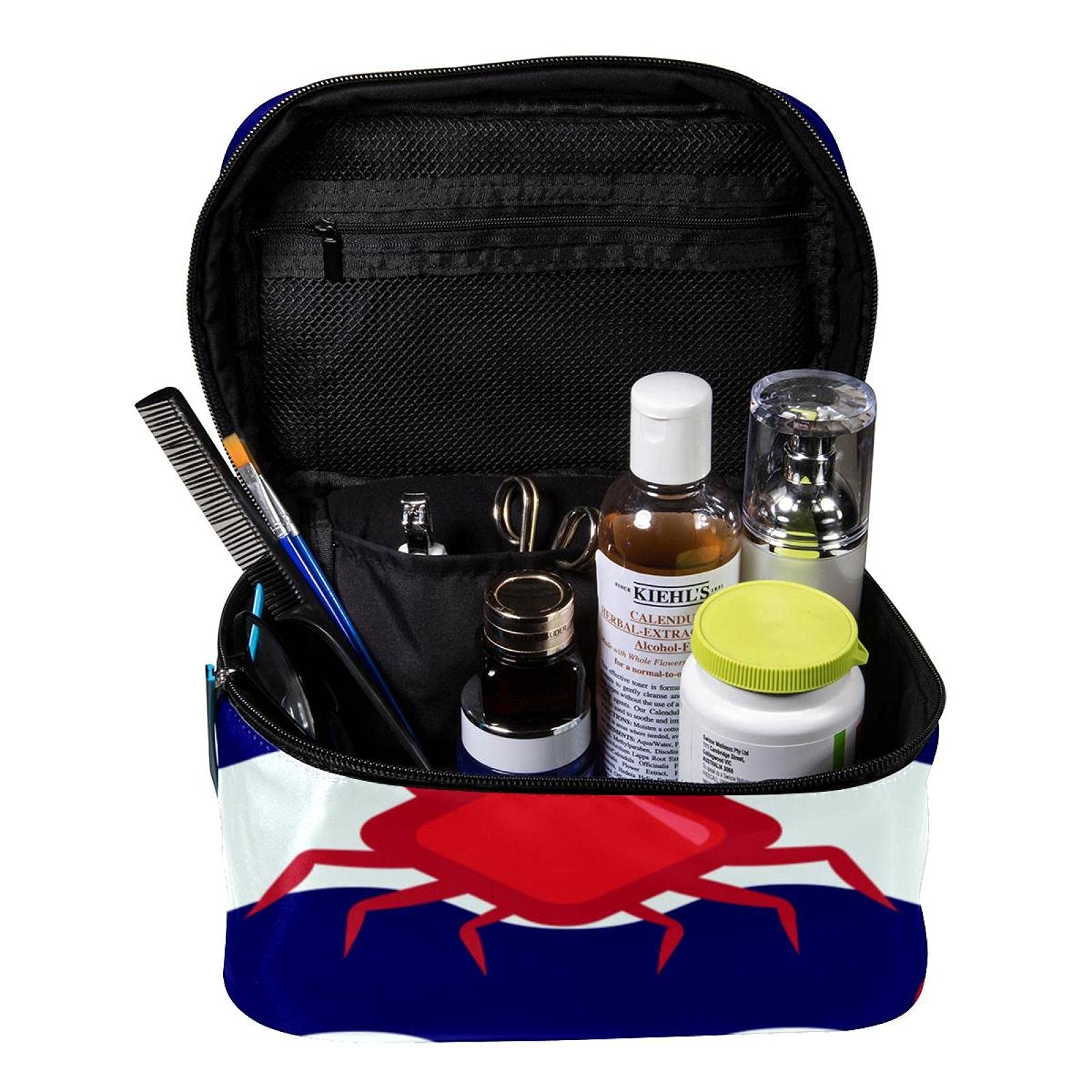 Cute Crab Blue Wave Pattern Travel Makeup Bag - Large Cosmetic Organizer with Zipper for Women & Girls | Perfect for Vacation, Gym & Daily Essentials Storage