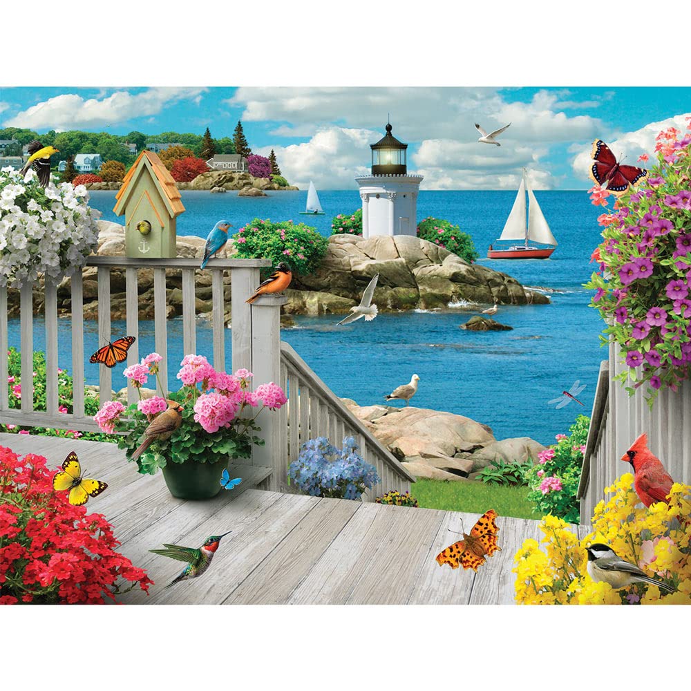 300 Piece Jigsaw Puzzle for Adults - Seacoast Serenity Ocean Boat Birds Lighthouse by Alan Giana | 18