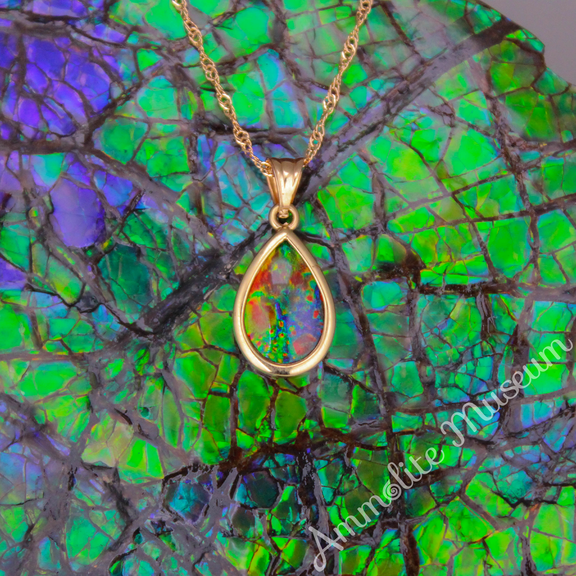 14K Gold Teardrop Ammolite Pendant Necklace - Natural Iridescent Gemstone Jewelry for Women - Perfect for Weddings, Parties & Special Occasions