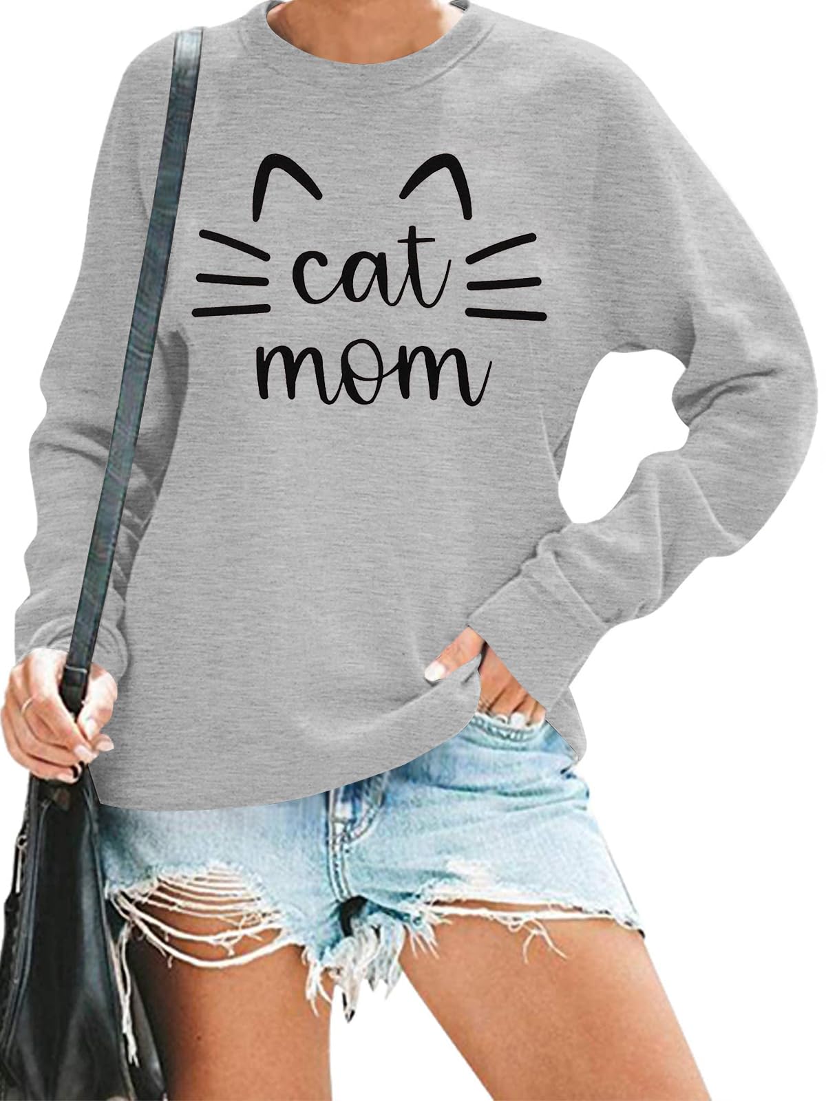 Women's Cat Mom Sweatshirt - Cute Cat Mama Long Sleeve Graphic T-Shirt Top | Perfect for Mother's Day Gifts, Cat Lovers & Casual Wear