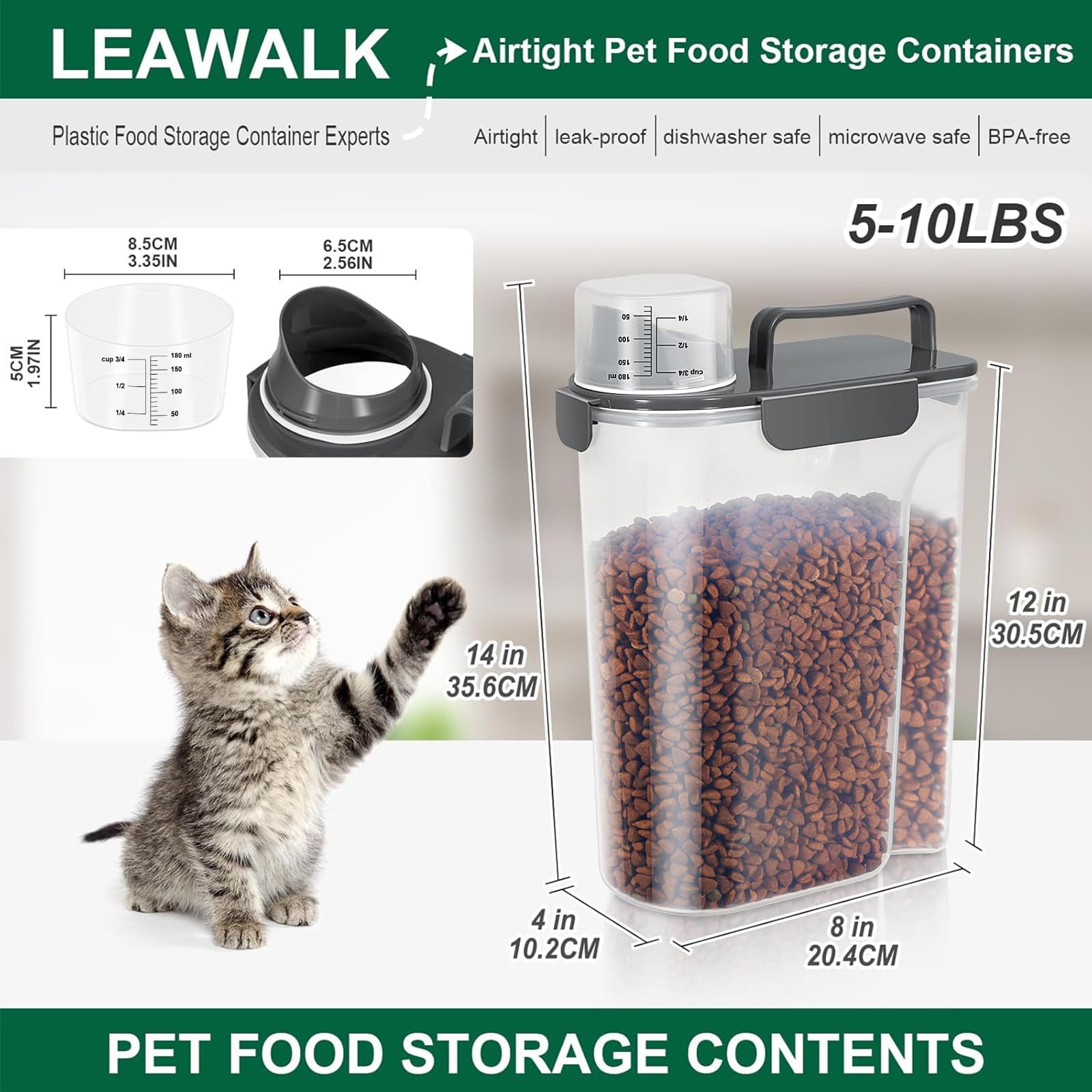 5Lbs Pet Food Storage Container with Upgraded Large Spout & Measuring Cup - Plastic Dispenser for Dog, Cat, Bird Food, Oatmeal, Rice, Flour - Airtight, Portable, Dark Gray - Perfect for Kitchen Pantry, Pet Feeding & Bulk Food Storage