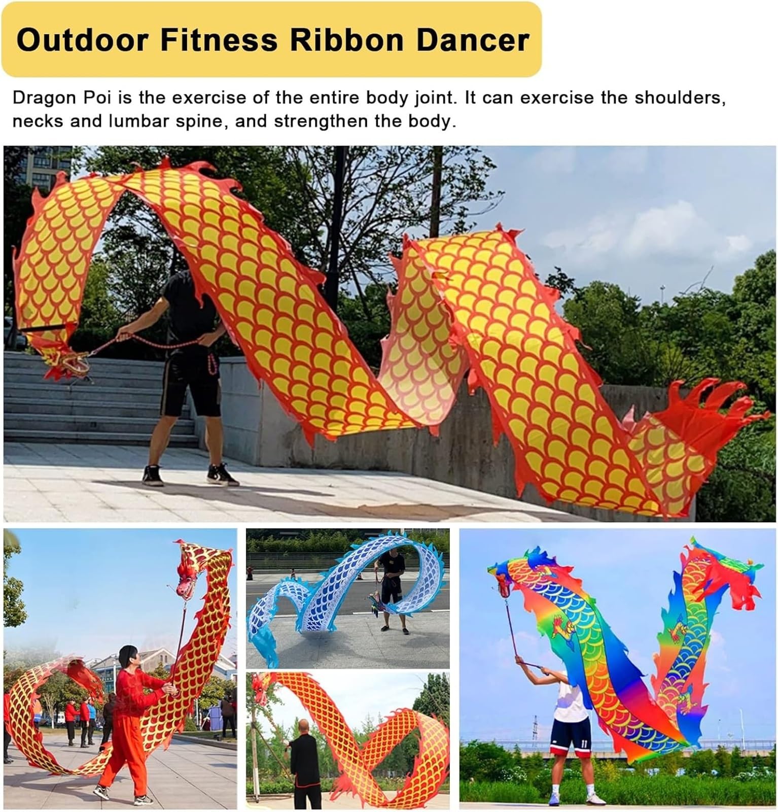 3D Dragon Ribbon Streamer - Washable Silk Dance Ribbon for Gymnastics, Cheerleading & Outdoor Games - 8m/10m Long Spinning Ribbon Dancer - Perfect for Performances, Practice & Kids Play