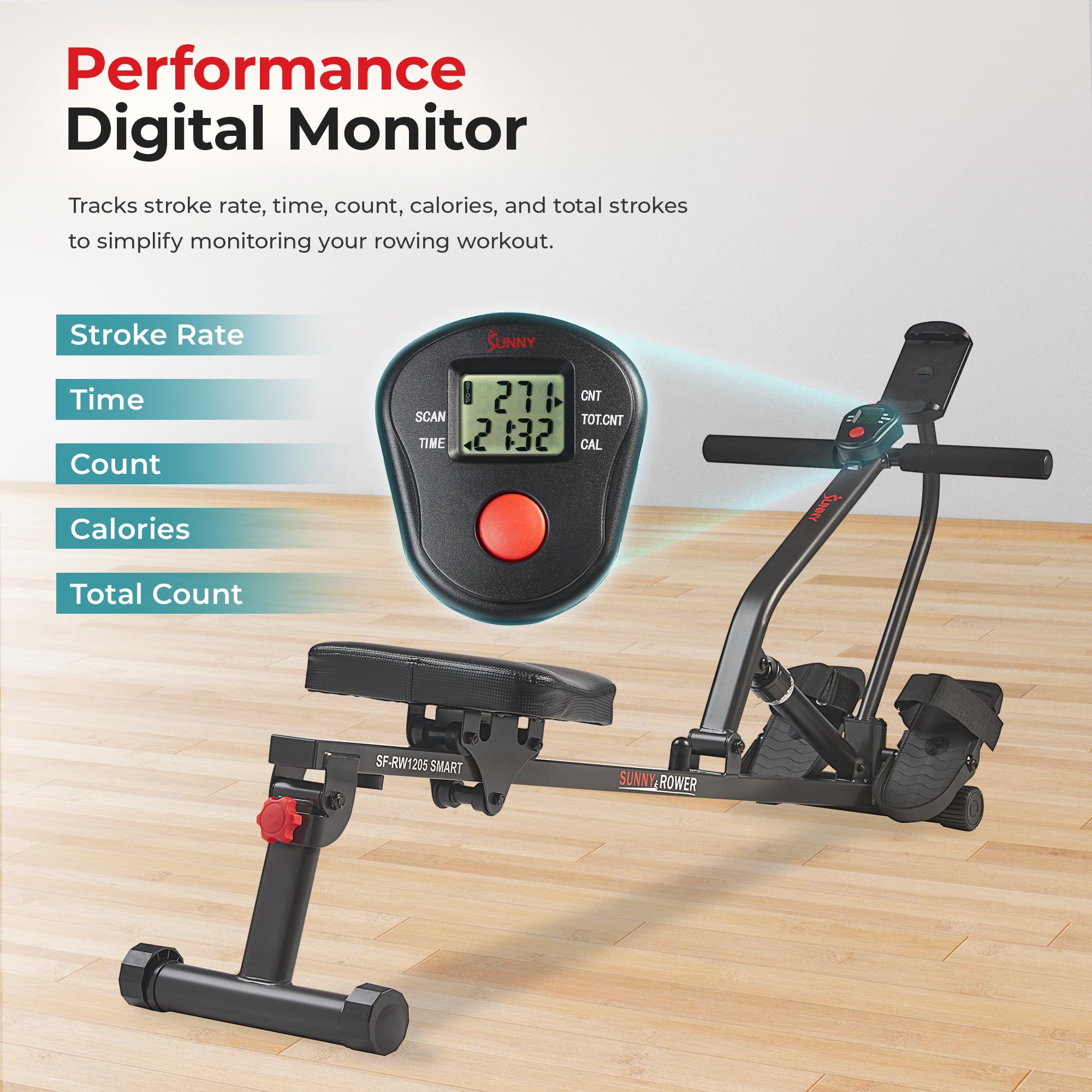 Sunny Health & Fitness Adjustable Rowing Machine - 12 Resistance Levels for Full Body Workout, Compatible with SunnyFit App | Home Gym Equipment for Cardio & Strength Training | Perfect for Small Spaces & Apartment Workouts