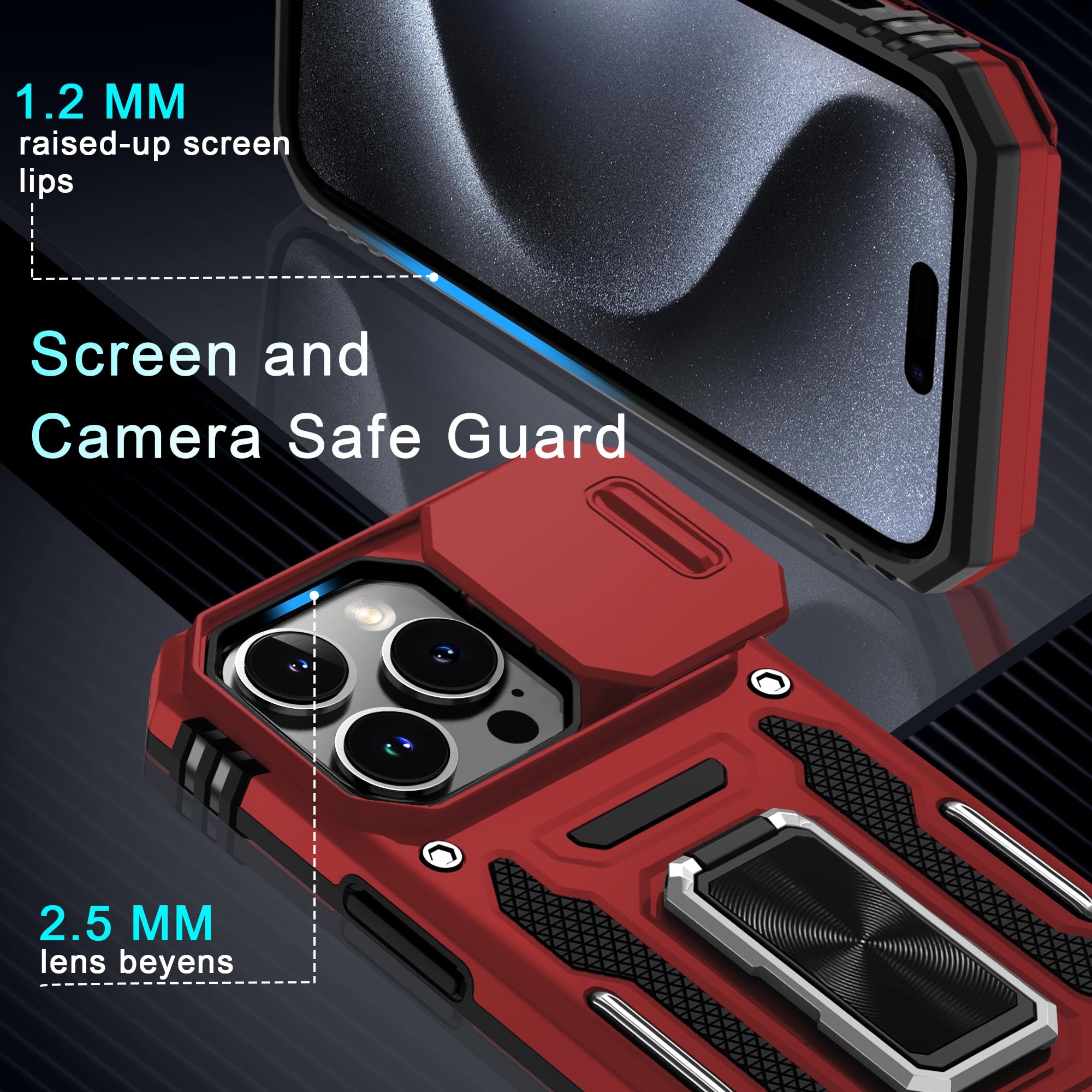 DEERLAMN iPhone 15 Pro Case with Slide Camera Cover & Screen Protector (6.1 Inch) - Military Grade Shockproof Protective Cover with Rotating Ring Kickstand - Red | Perfect for Outdoor Activities, Travel & Daily Protection
