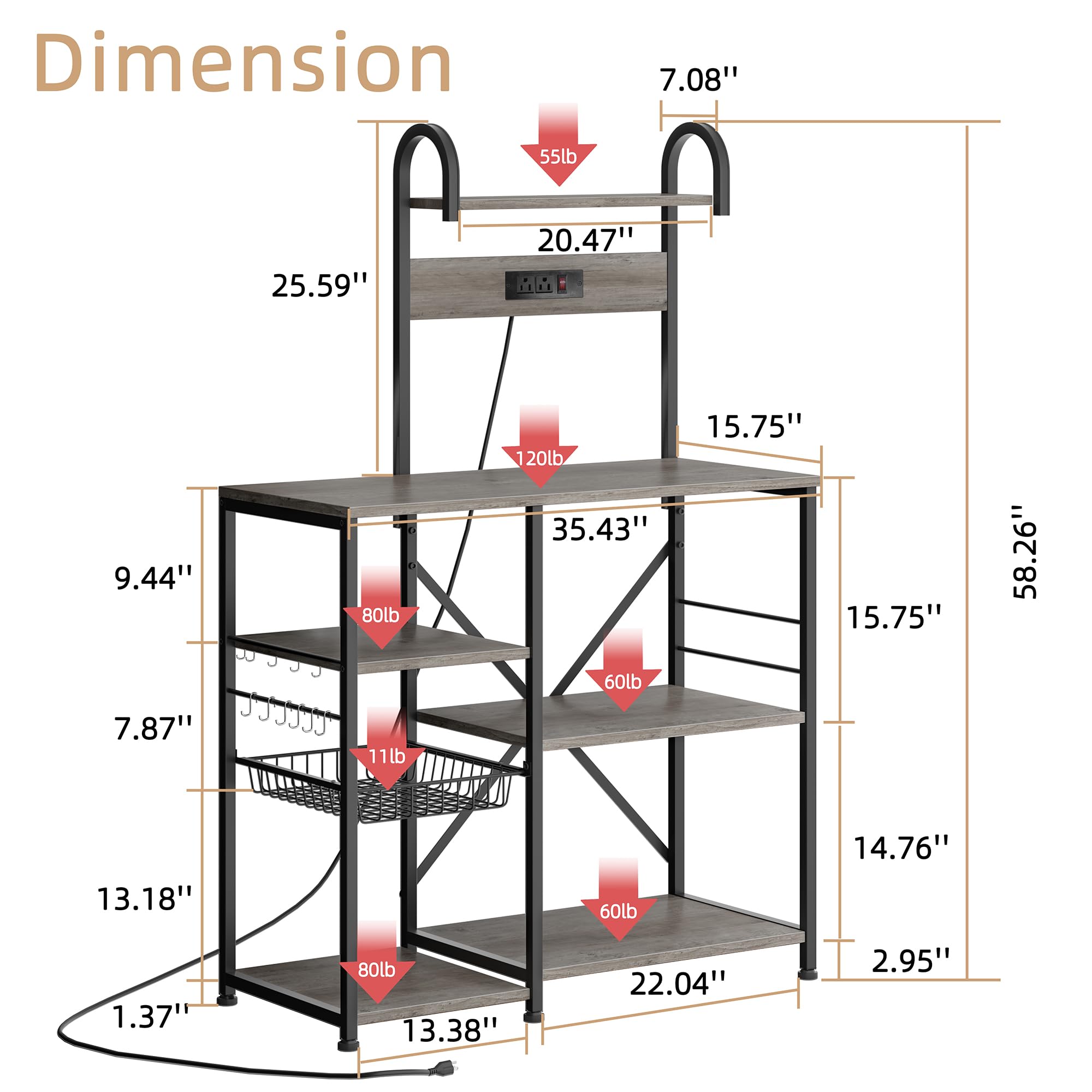 JAMFLY 6-Tier Bakers Rack with Power Outlet - Microwave Stand, Kitchen Storage Shelf with 6 Hooks & Wire Basket - Coffee Bar Station, Spice Rack, Pot and Pan Organizer for Living Room & Kitchen - Perfect for Small Spaces, Apartment Cooking & Home Organization