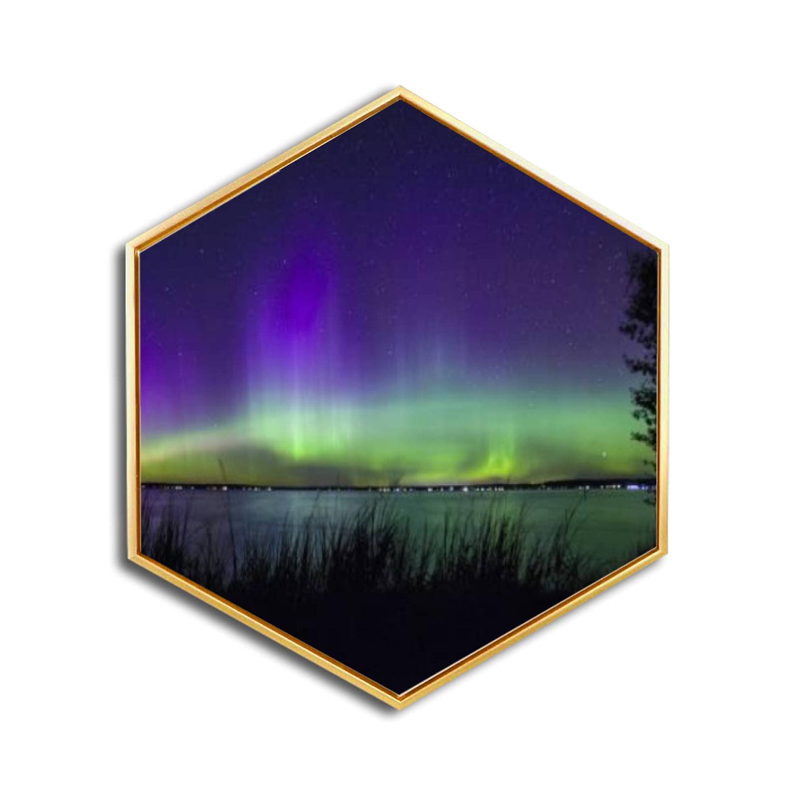Higgins Lake South State Park Northern Lights II Canvas Wall Art - Golden Framed Giclee Prints, Minimalist Modern Hexagon Wall Decor for Home & Office - Ready to Hang - Perfect for Living Room, Bedroom & Workspace Decor