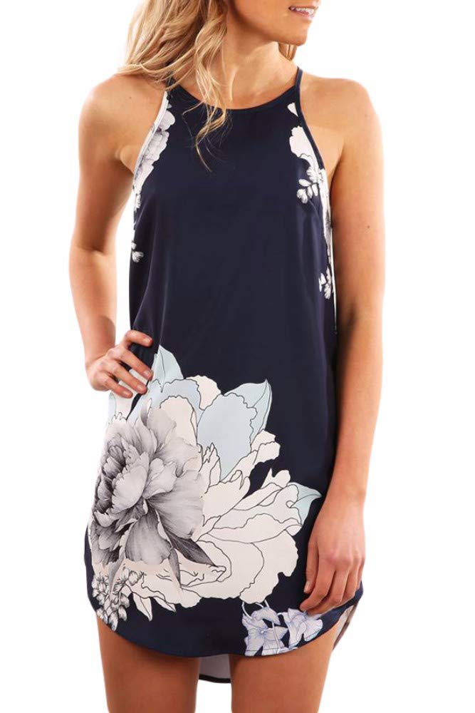Women's Floral Sleeveless Mini Dress - Summer Beach Halter Neck Casual Dress for Vacation, Pool Party & Date Night