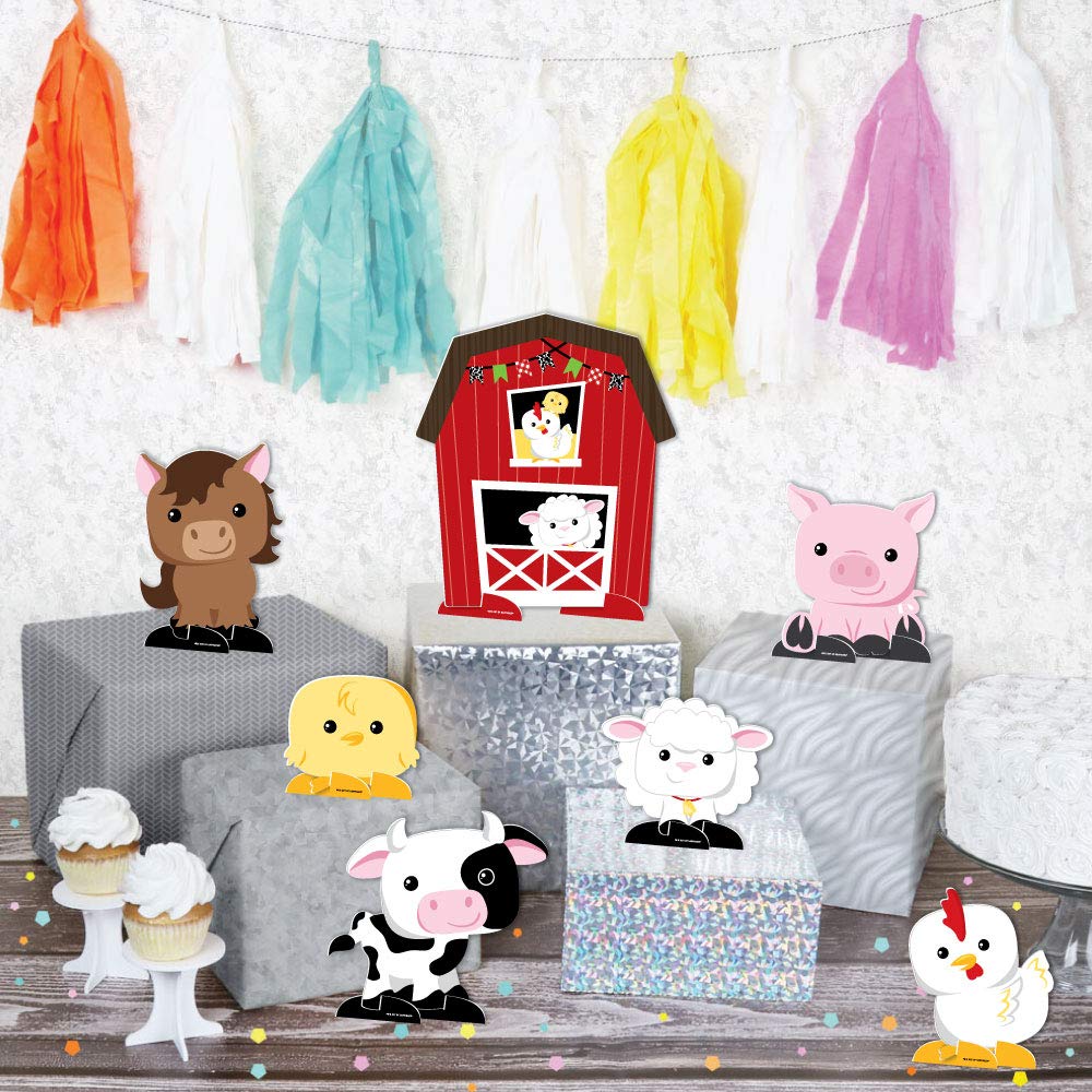 Big Dot of Happiness Farm Animals Barnyard Baby Shower Decorations - 7-Piece Table Centerpiece Standups for Birthday Parties, Nursery Room Decor & Farm Theme Events